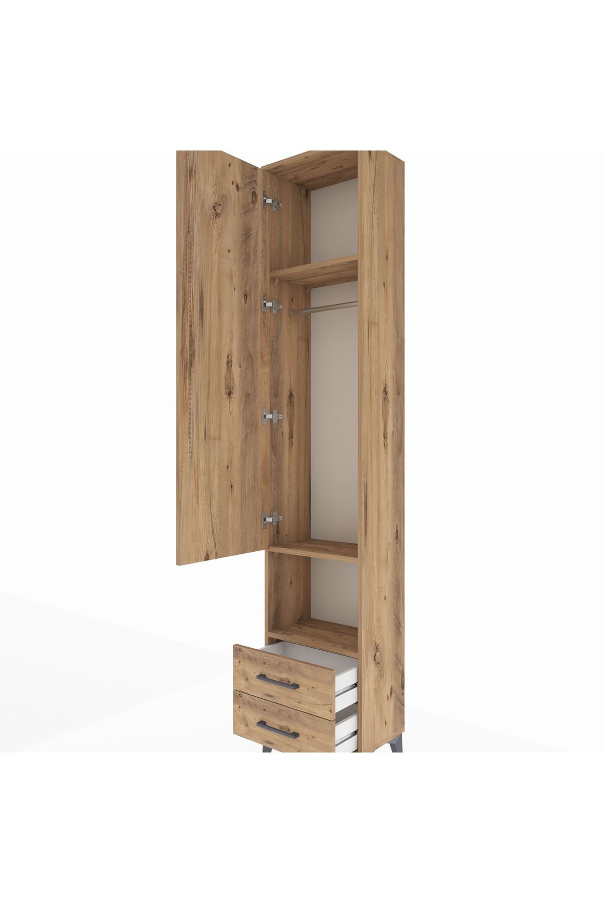 Arges Dolap 3 Raflı 2 Çekmeceli Tek Askılı 44x30x221 Çam-Çam