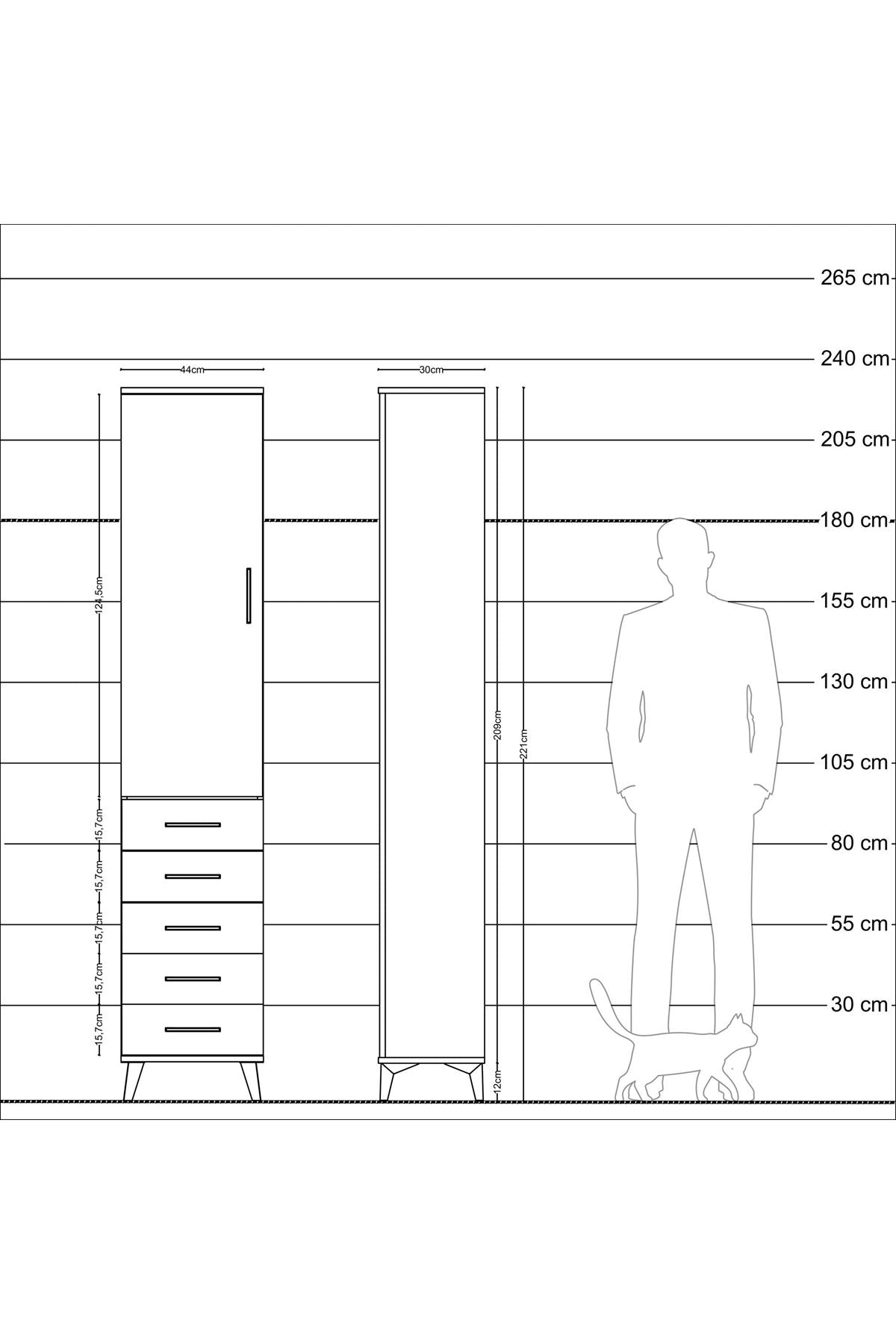 Arges Dolap 2 Raflı 5 Çekmeceli Tek Askılı 44x30x221 Çam-Aytaşı
