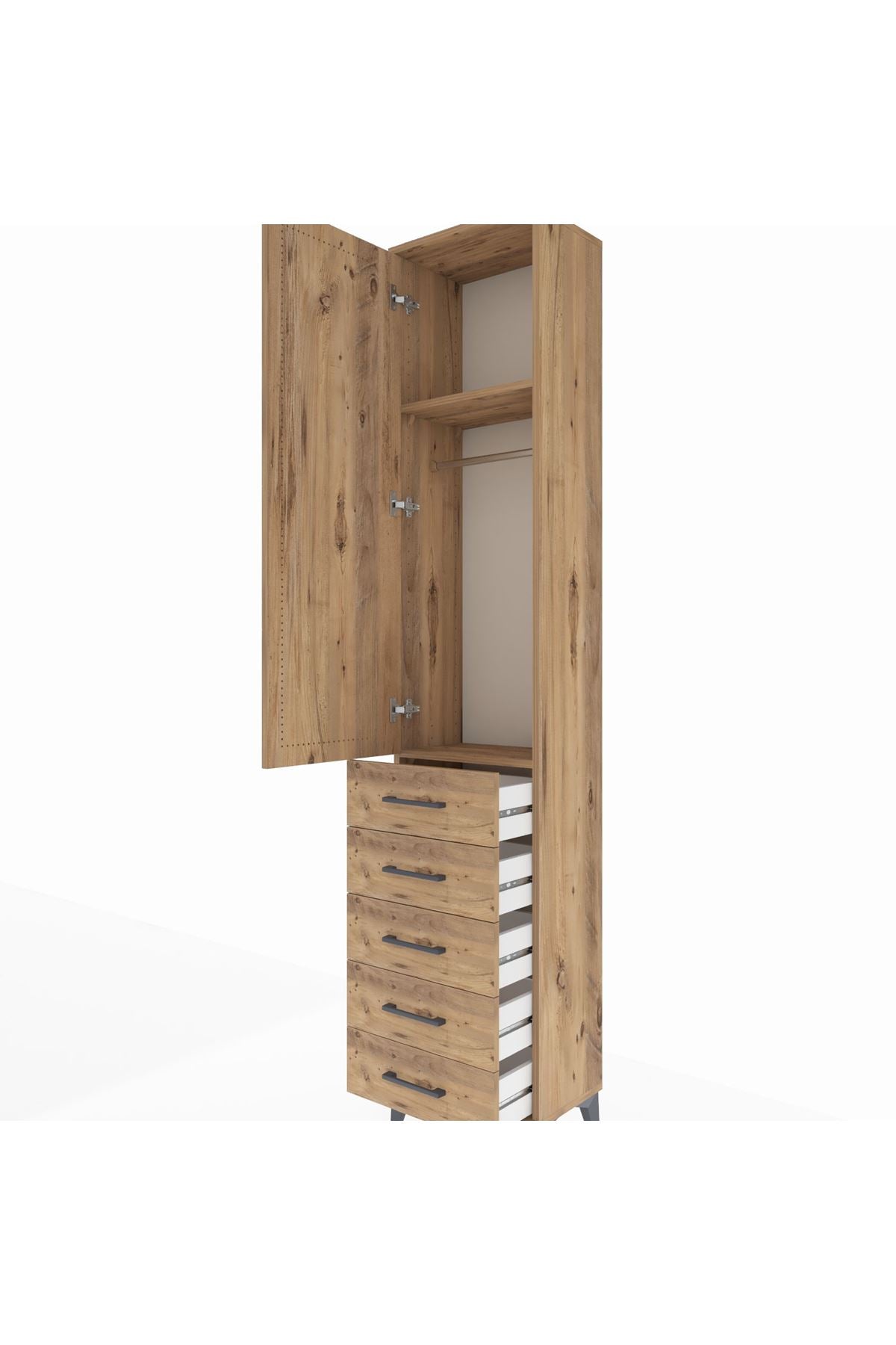 Arges Dolap 2 Raflı 5 Çekmeceli Tek Askılı 44x30x221 Çam-Çam