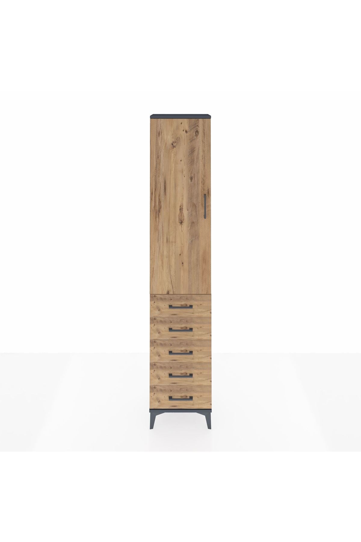 Arges Dolap 3 Raflı 5 Çekmeceli Tek Kapaklı 44x30x221 Antrasit-Çam