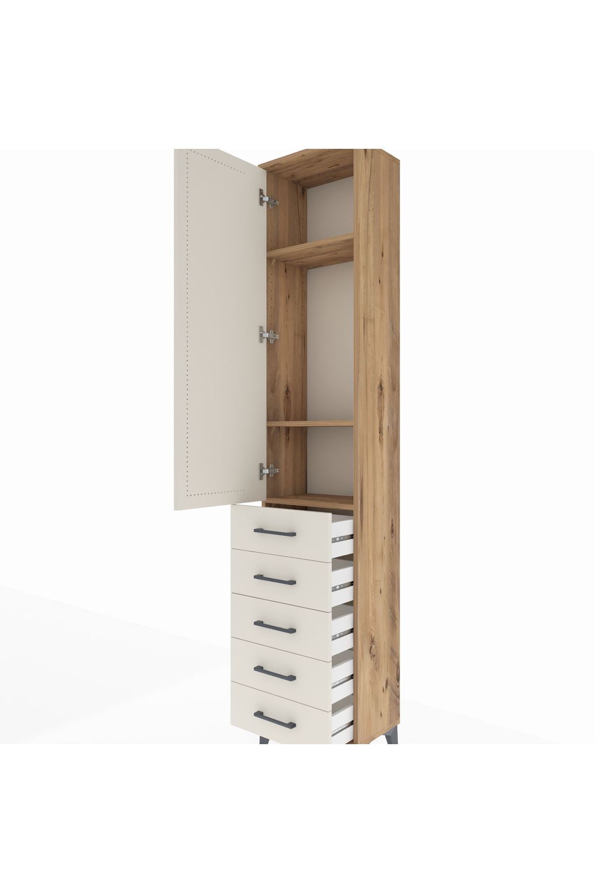 Arges Dolap 3 Raflı 5 Çekmeceli Tek Kapaklı 44x30x221 Çam-Aytaşı