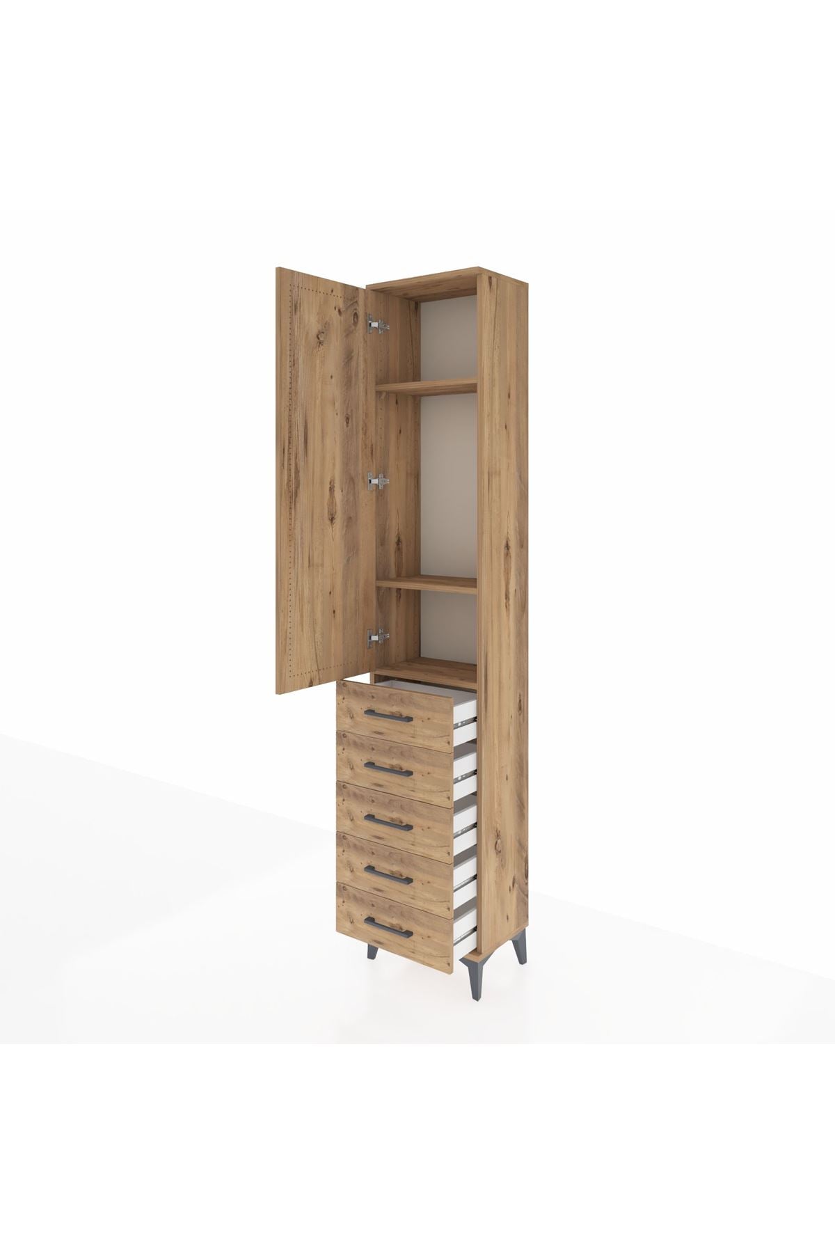 Arges Dolap 3 Raflı 5 Çekmeceli Tek Kapaklı 44x30x221 Çam-Çam