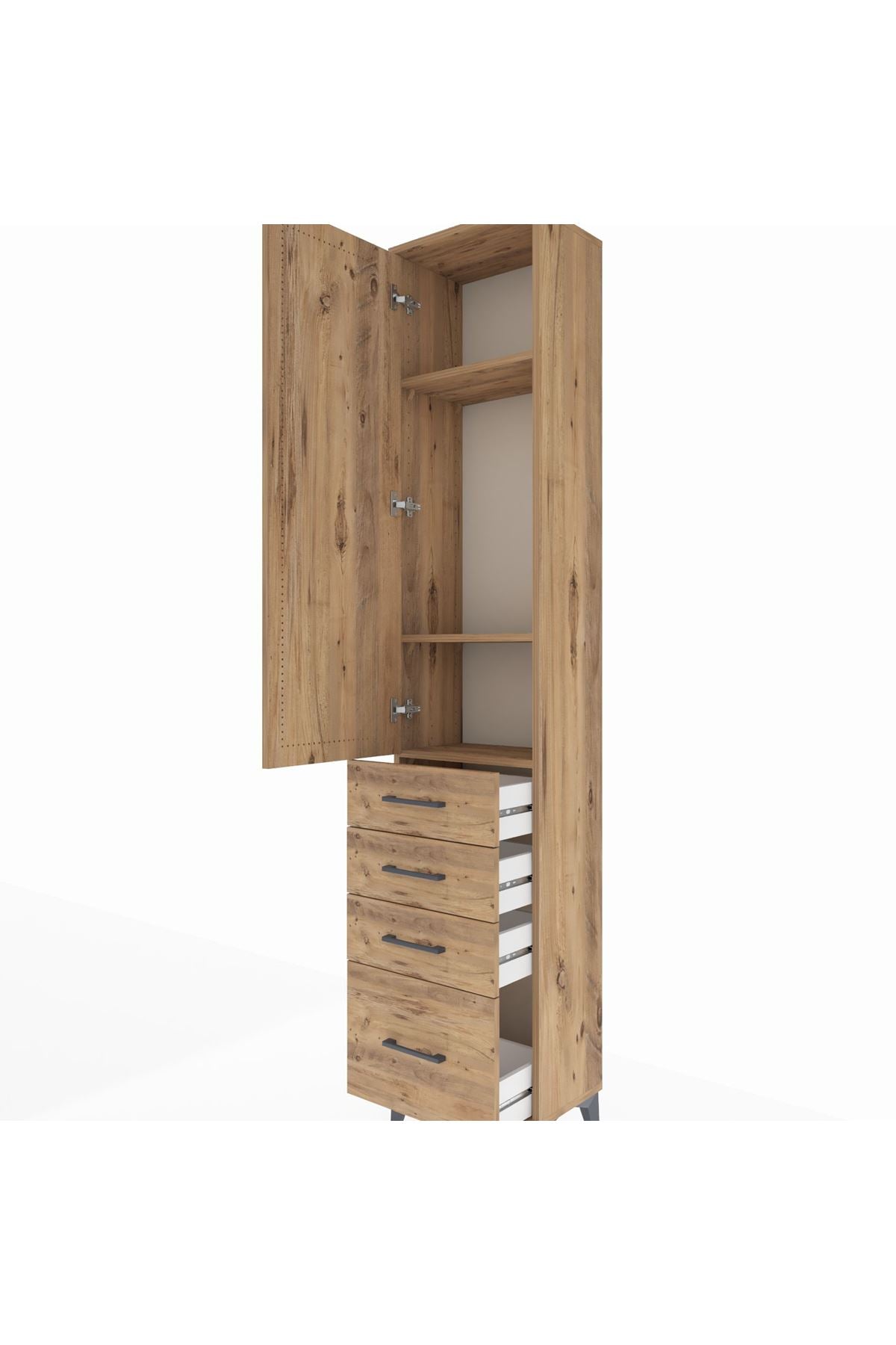 Arges Dolap 3 Raflı 4 Çekmeceli Tek Kapaklı 44x30x221 Çam-Çam