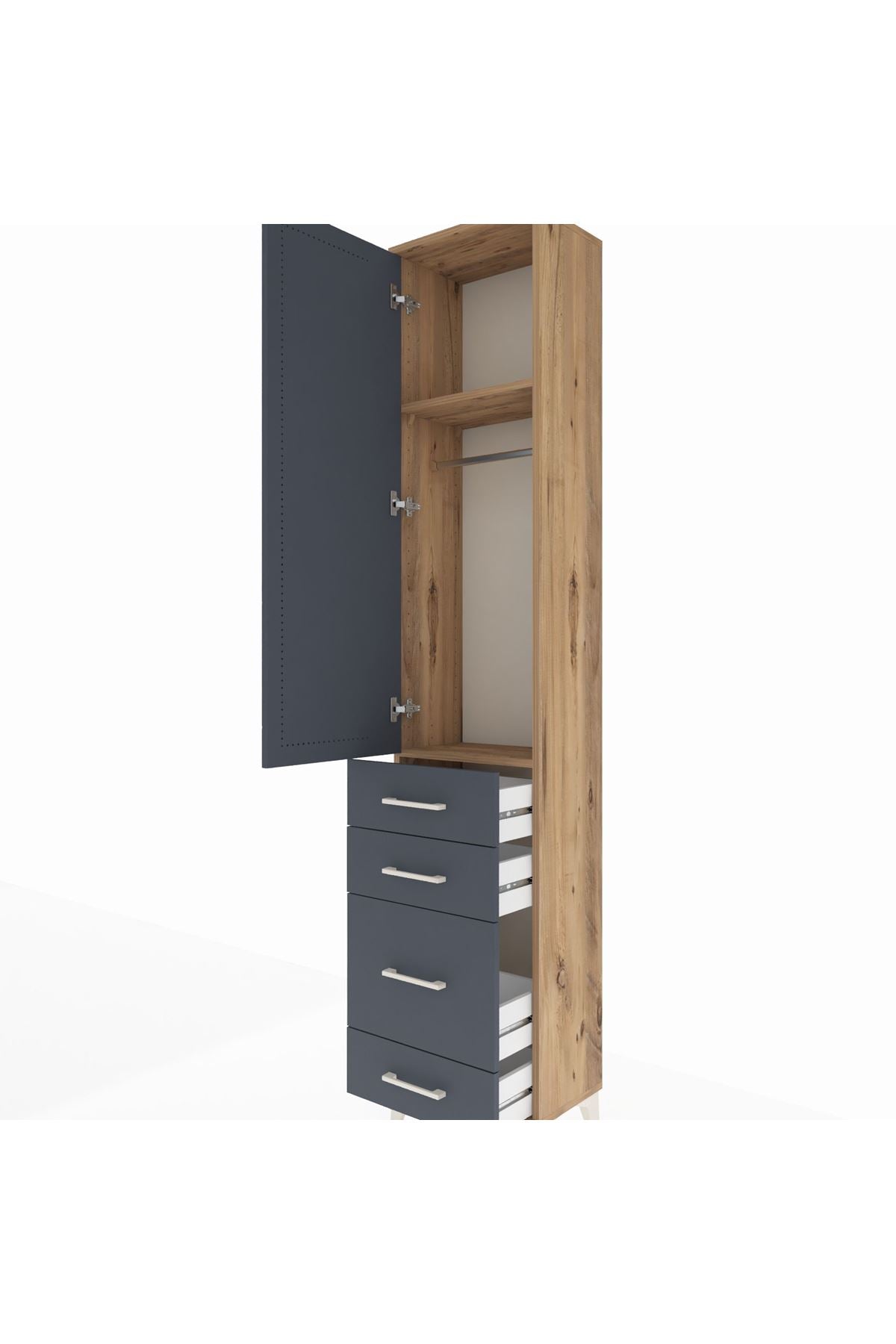 Arges Dolap 2 Raflı 4 Çekmeceli Tek Askılı 44x30x221 Çam-Antrasit