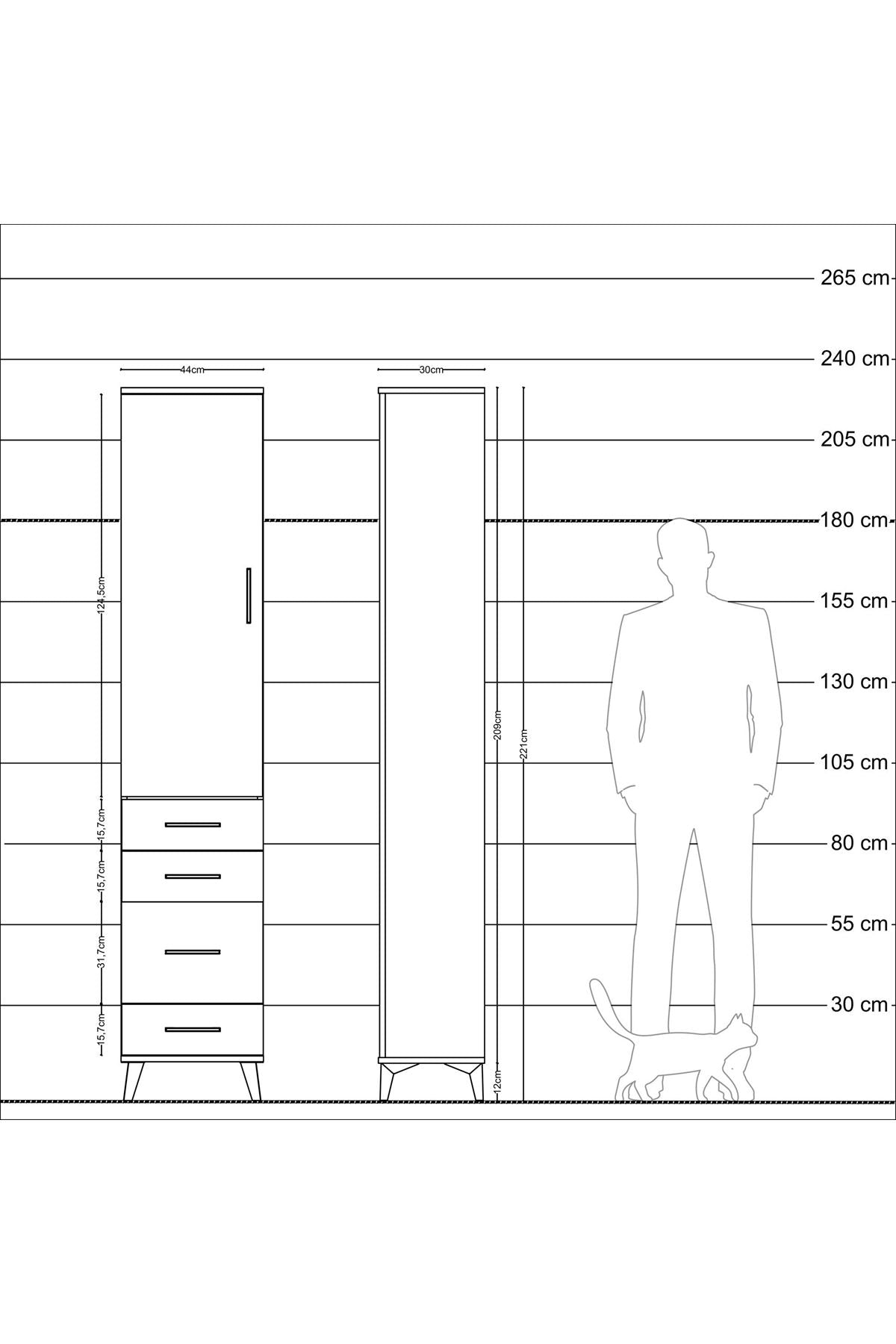 Arges Dolap 2 Raflı 4 Çekmeceli Tek Askılı 44x30x221 Çam-Antrasit