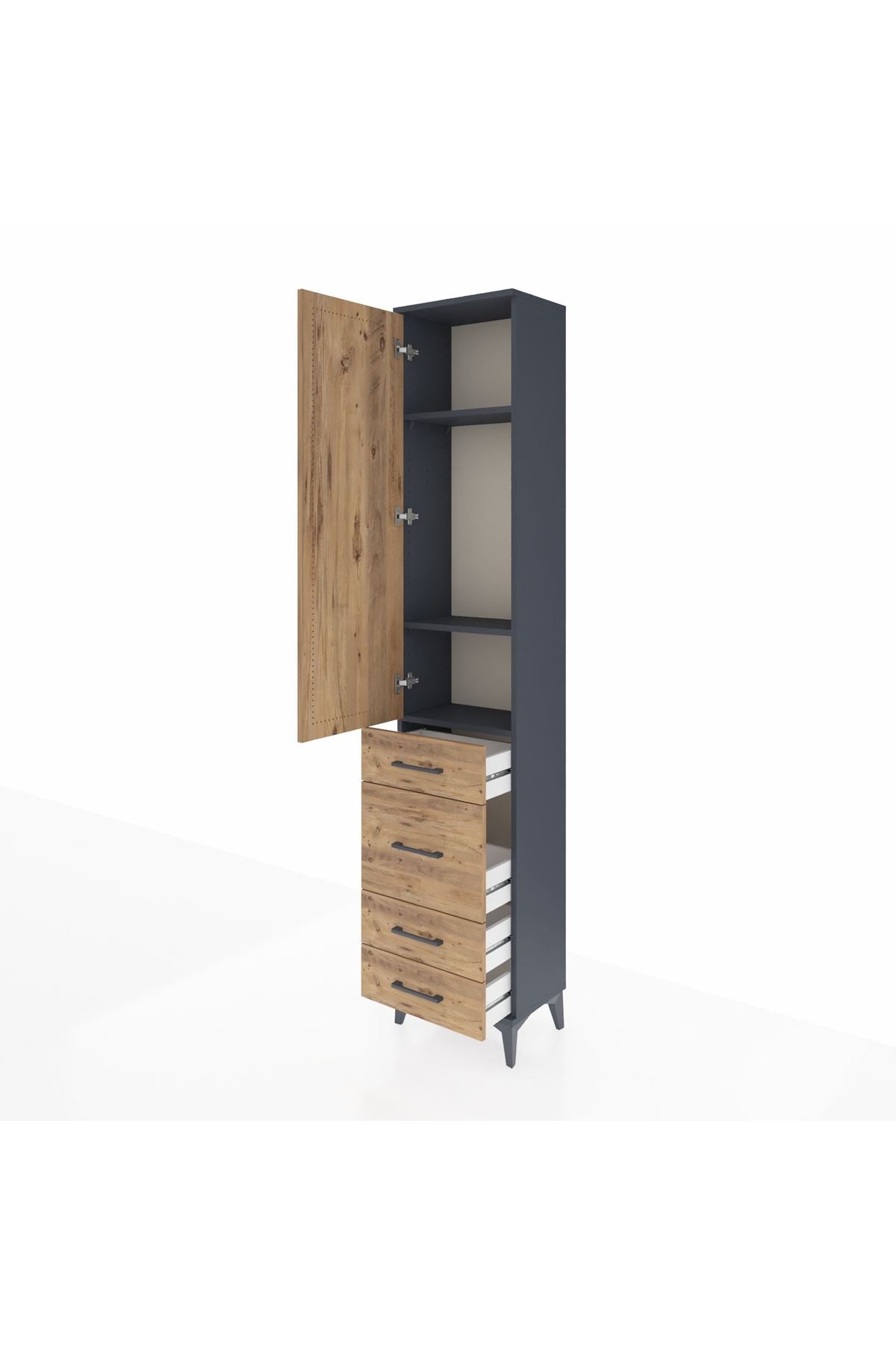 Arges Dolap 3 Raflı 4 Çekmeceli Tek Kapaklı 44x30x221 Antrasit-Çam