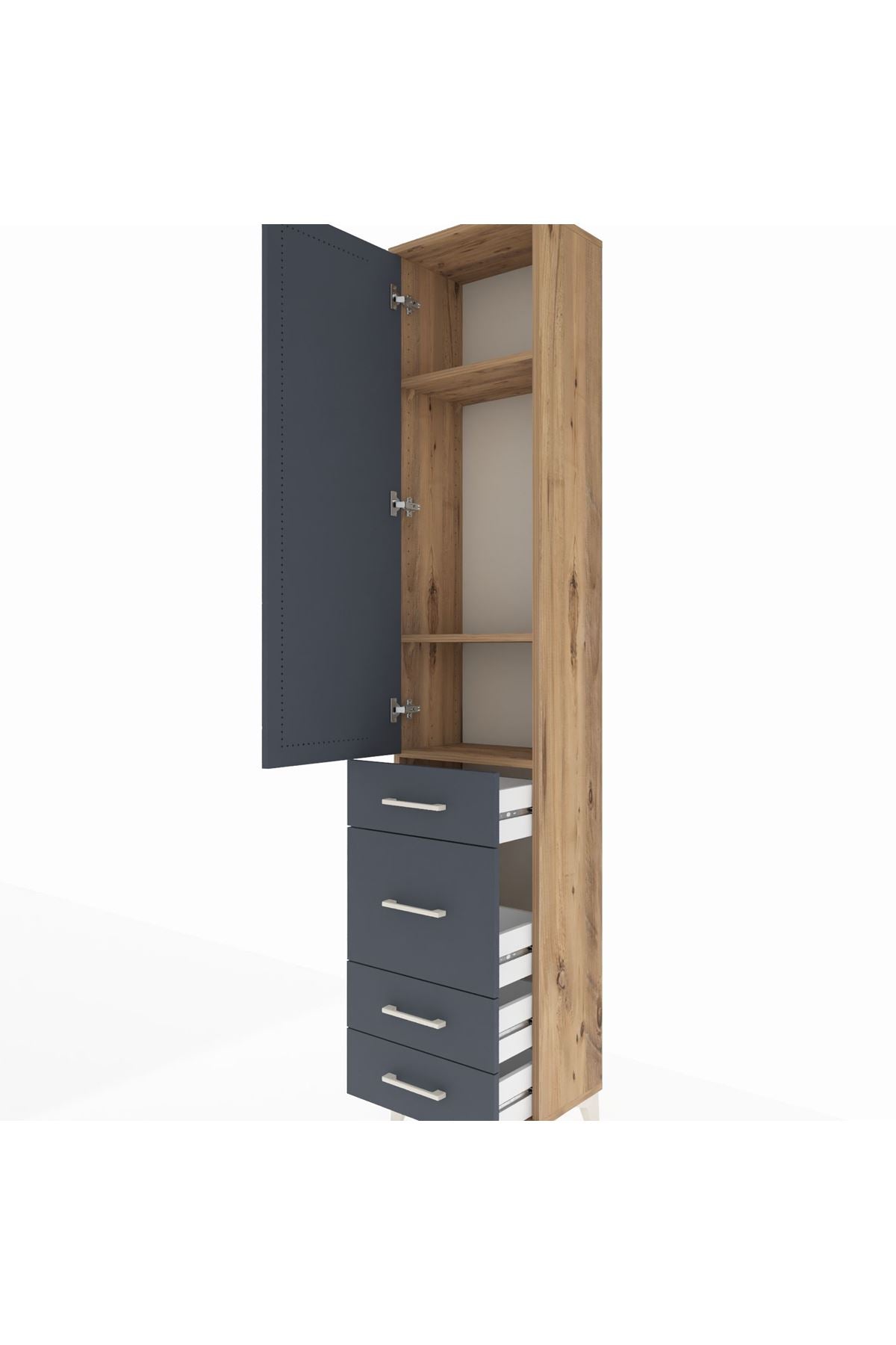 Arges Dolap 3 Raflı 4 Çekmeceli Tek Kapaklı 44x30x221 Çam-Antrasit