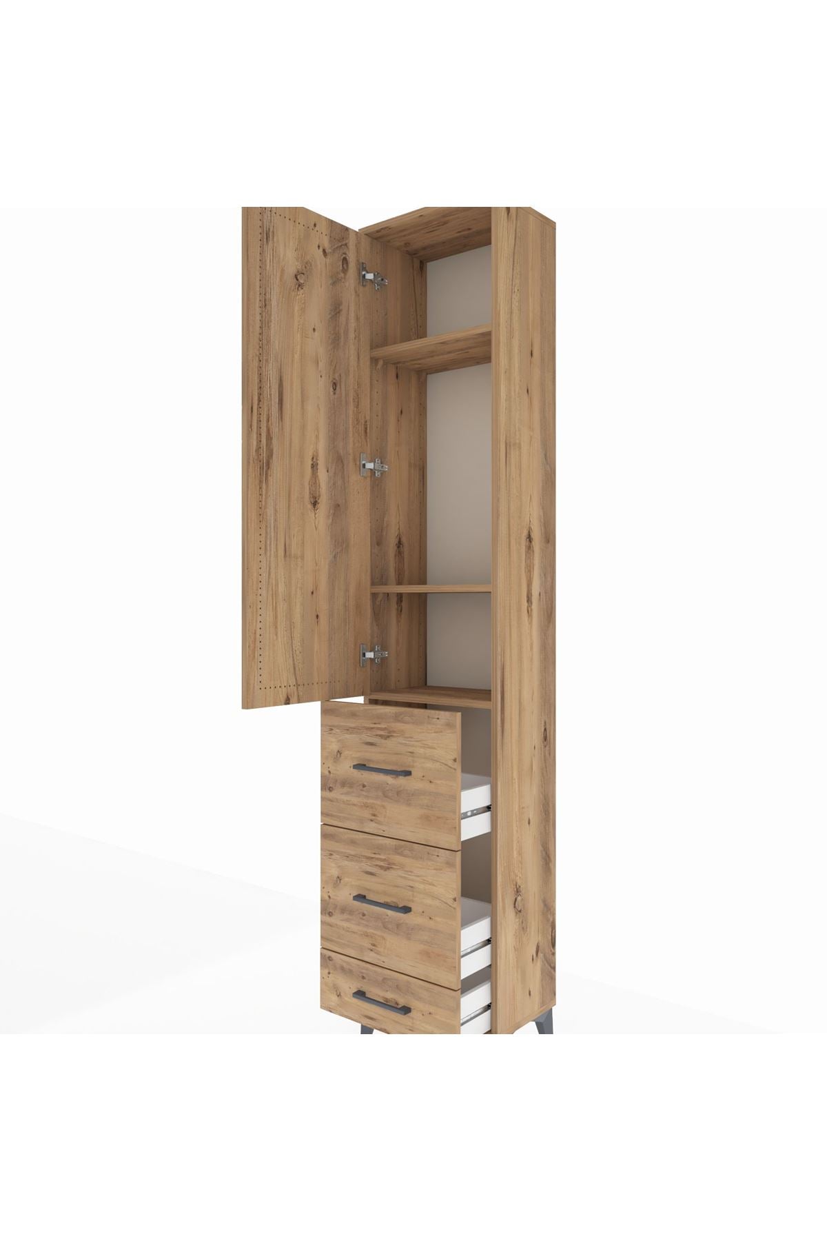 Arges Dolap 3 Raflı 3 Çekmeceli Tek Kapaklı 44x30x221 Çam-Çam