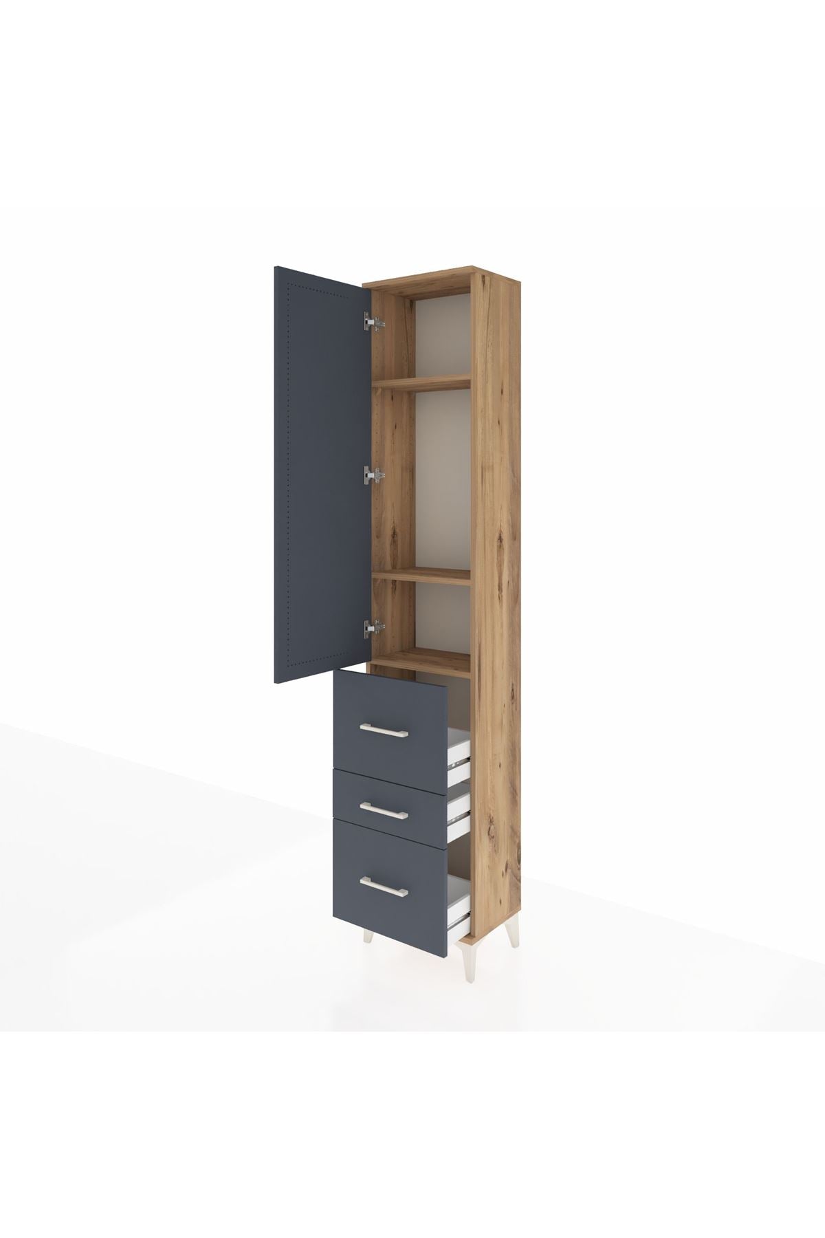 Arges Dolap 3 Raflı 3 Çekmeceli Tek Kapaklı 44x30x221 Çam-Antrasit