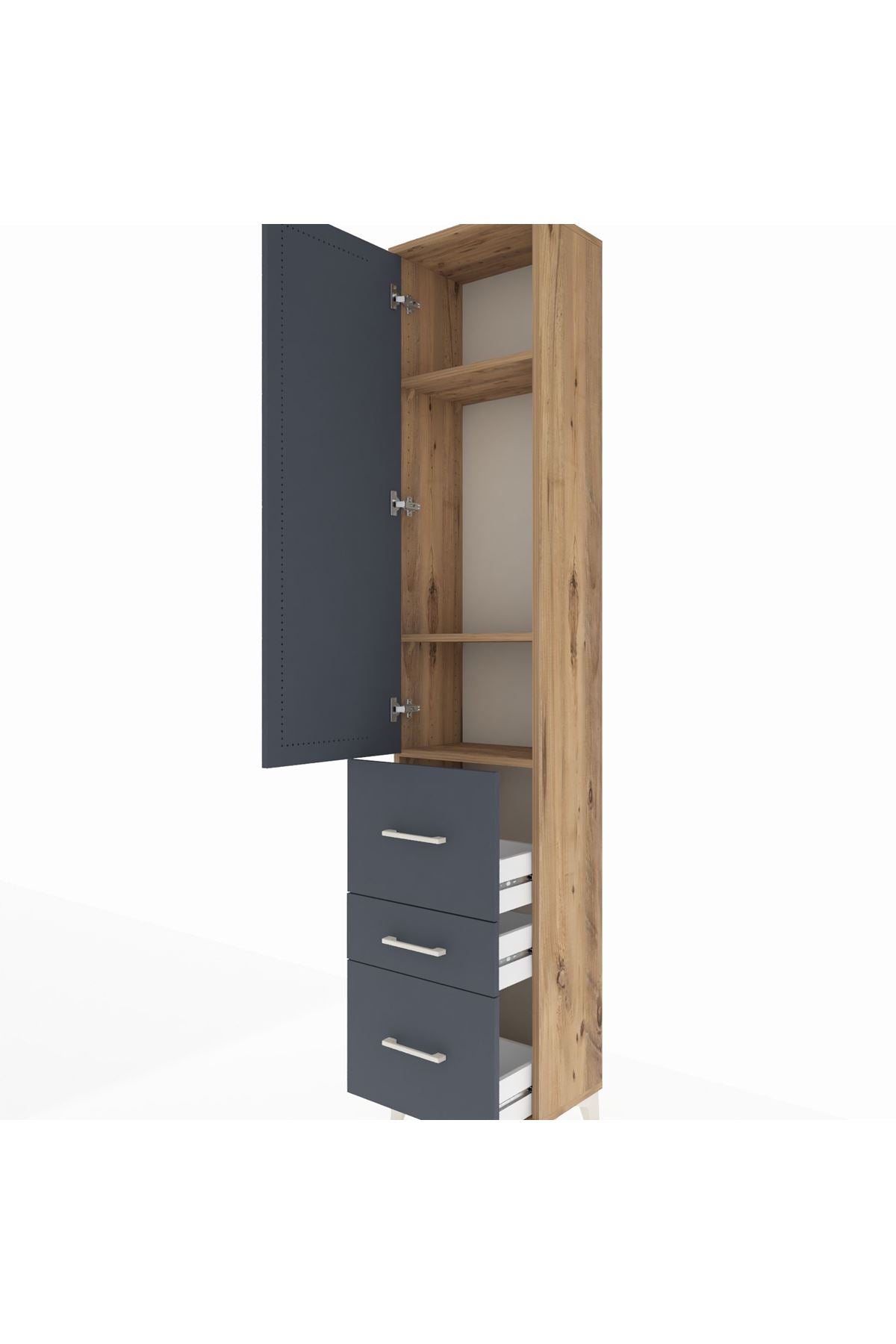 Arges Dolap 3 Raflı 3 Çekmeceli Tek Kapaklı 44x30x221 Çam-Antrasit