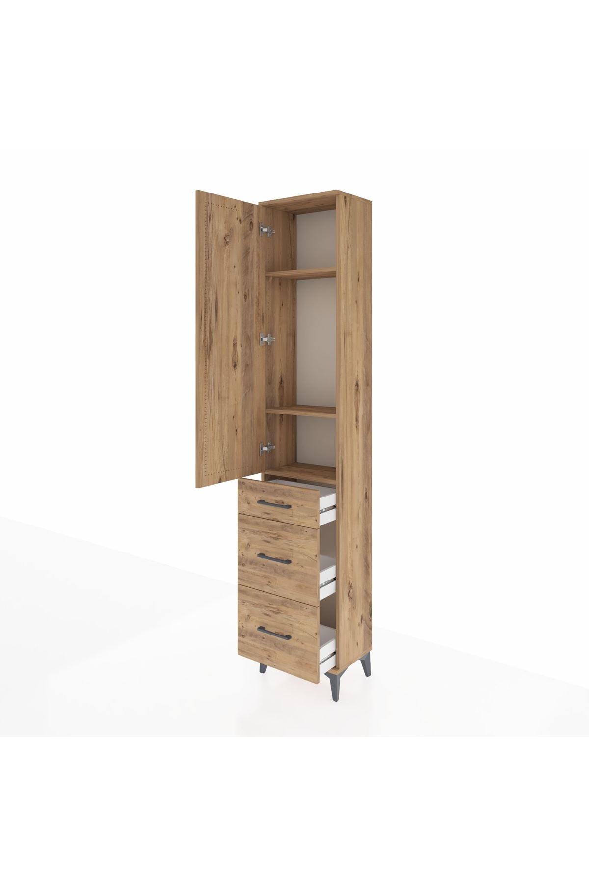 Arges Dolap 3 Raflı 3 Çekmeceli Tek Kapaklı 44x30x221 Çam-Çam