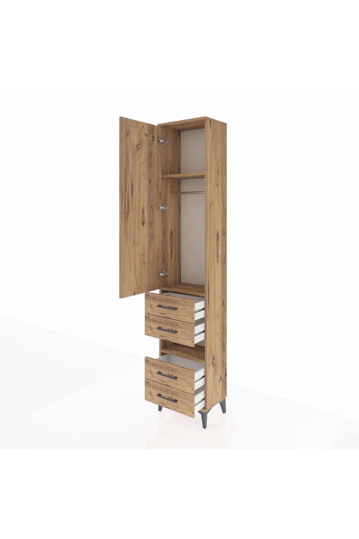 Arges Dolap 3 Raflı 4 Çekmeceli Tek Askılı 44x30x221 Çam-Çam