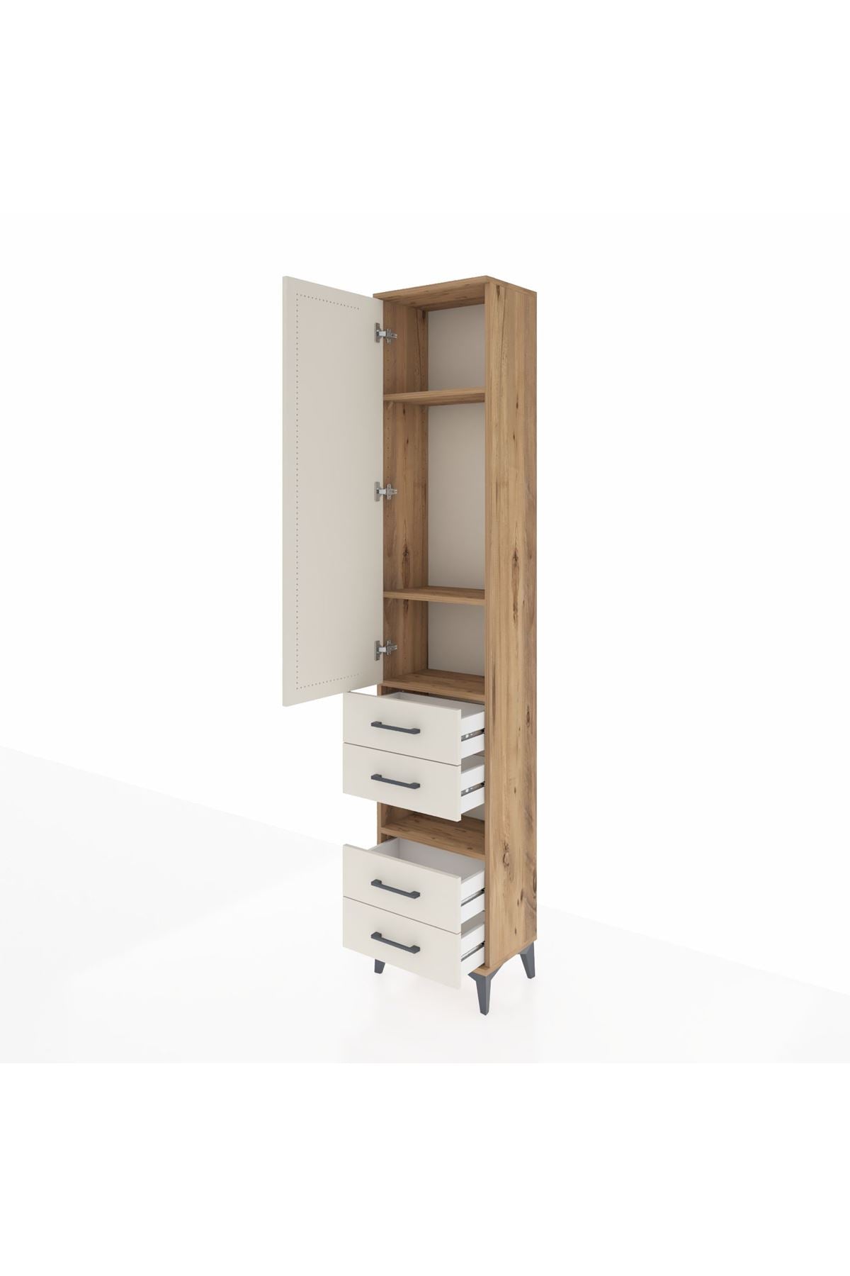 Arges Dolap 4 Raflı 4 Çekmeceli Tek Kapaklı 44x30x221 Çam-Aytaşı