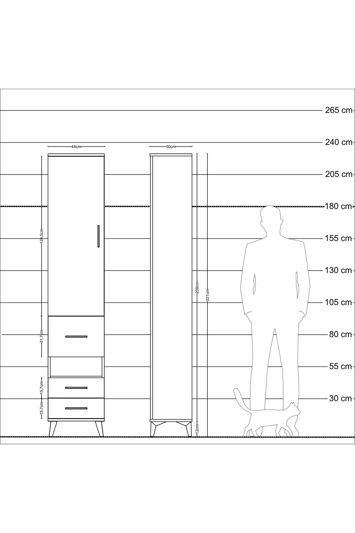 Arges Dolap 4 Raflı 3 Çekmeceli Tek Kapaklı 44x30x221 Antrasit-Çam
