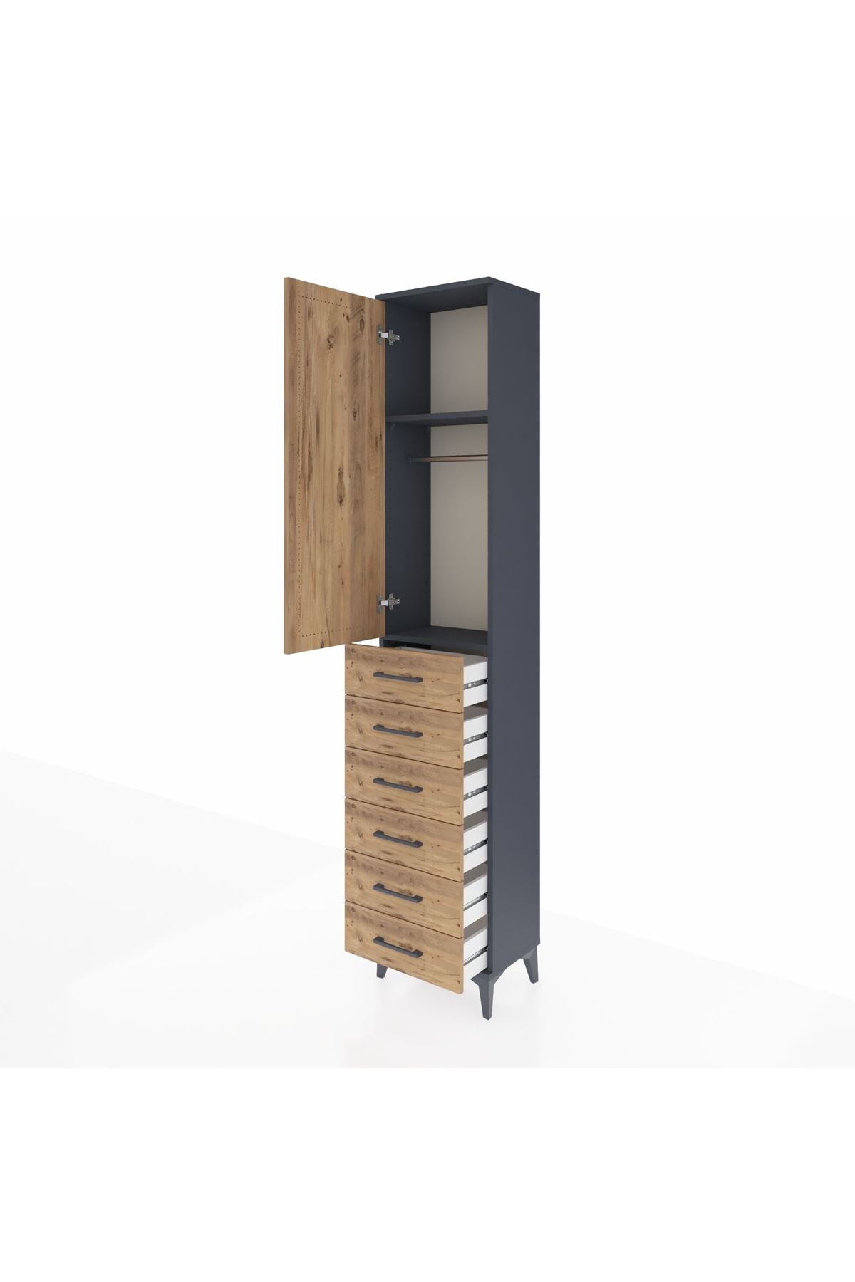 Arges Dolap 2 Raflı 6 Çekmeceli Tek Askılı 44x30x221 Antrasit-Çam