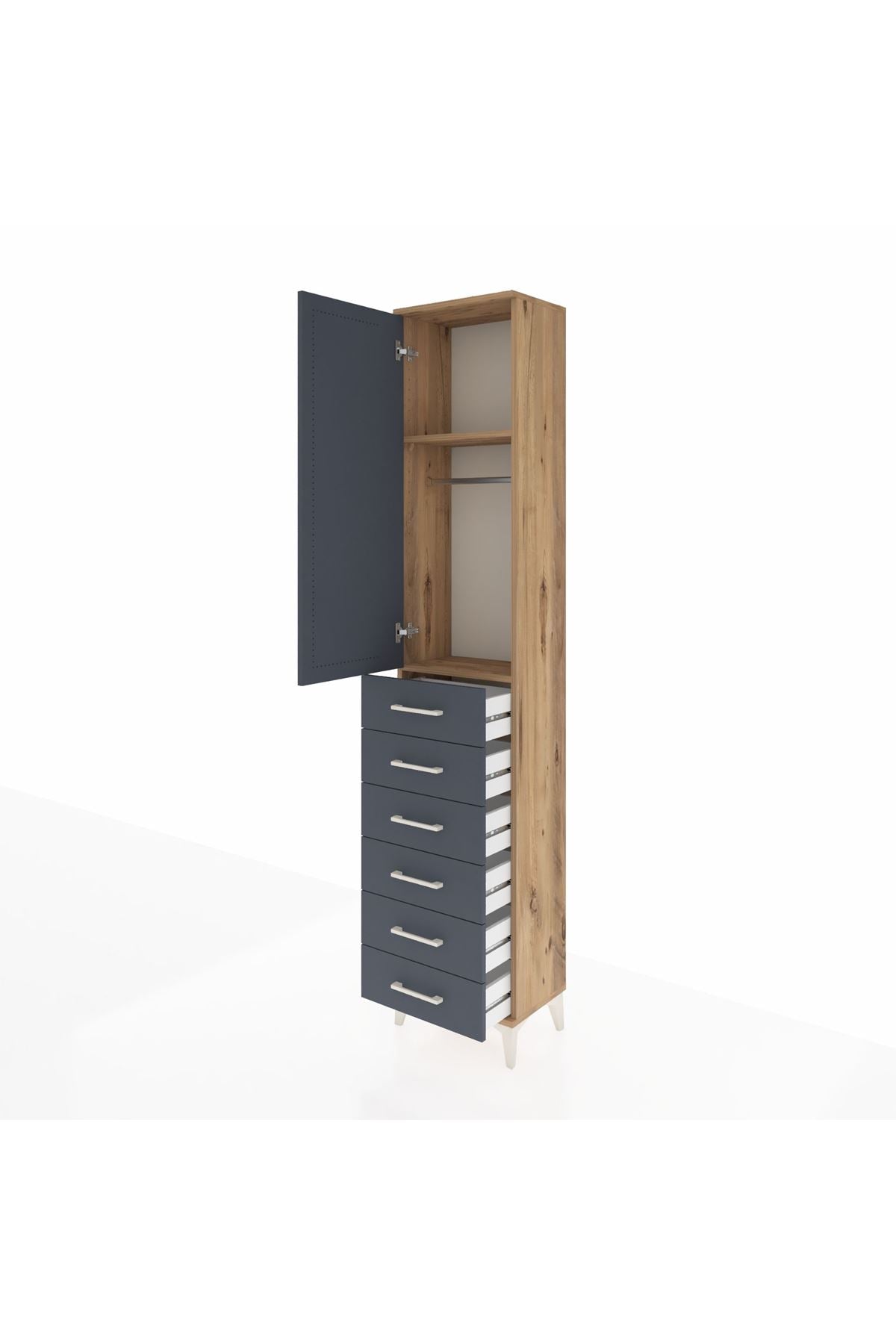 Arges Dolap 2 Raflı 6 Çekmeceli Tek Askılı 44x30x221 Çam-Antrasit