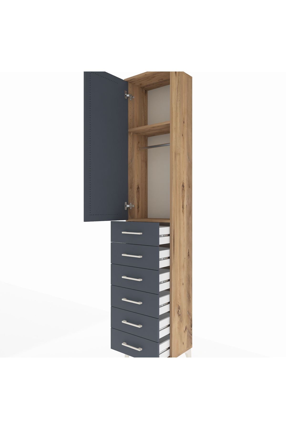 Arges Dolap 2 Raflı 6 Çekmeceli Tek Askılı 44x30x221 Çam-Antrasit