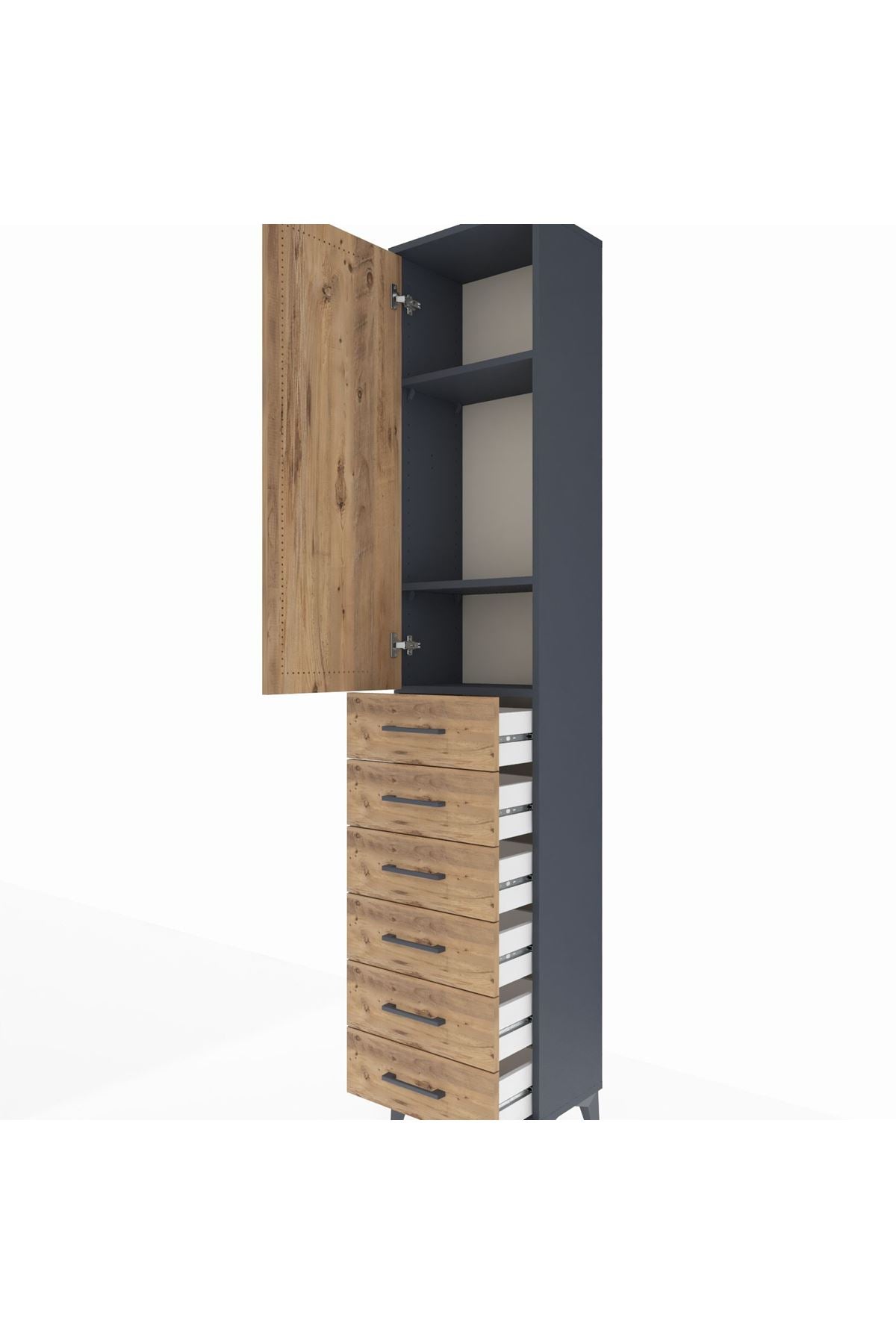 Arges Dolap 3 Raflı 6 Çekmeceli Tek Kapaklı 44x30x221 Antrasit-Çam