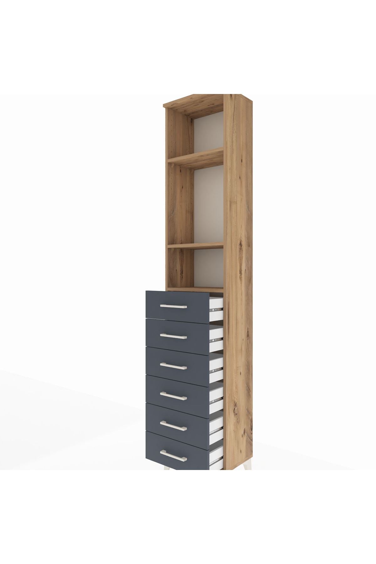 Arges Dolap 3 Raflı 6 Çekmeceli 44x30x221 Çam-Antrasit