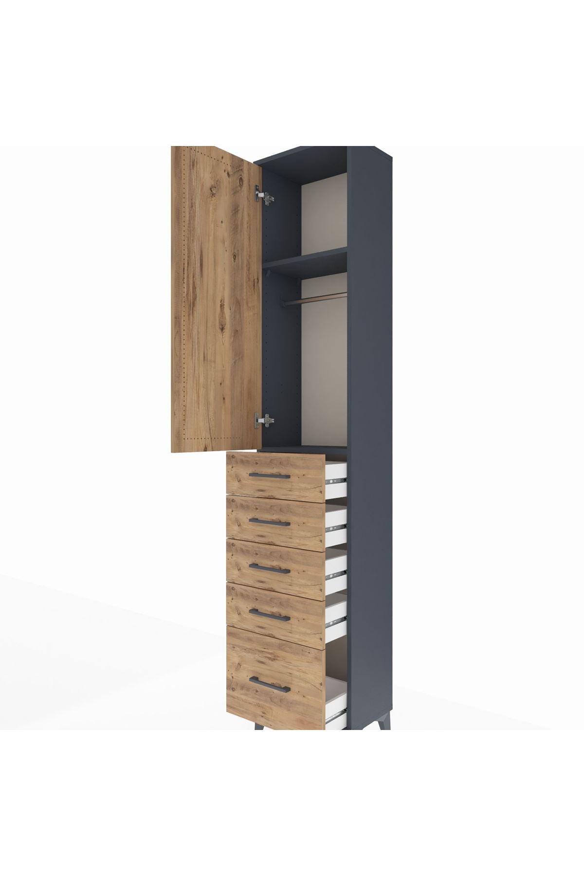 Arges Dolap 2 Raflı 5 Çekmeceli Tek Askılı 44x30x221 Antrasit-Çam