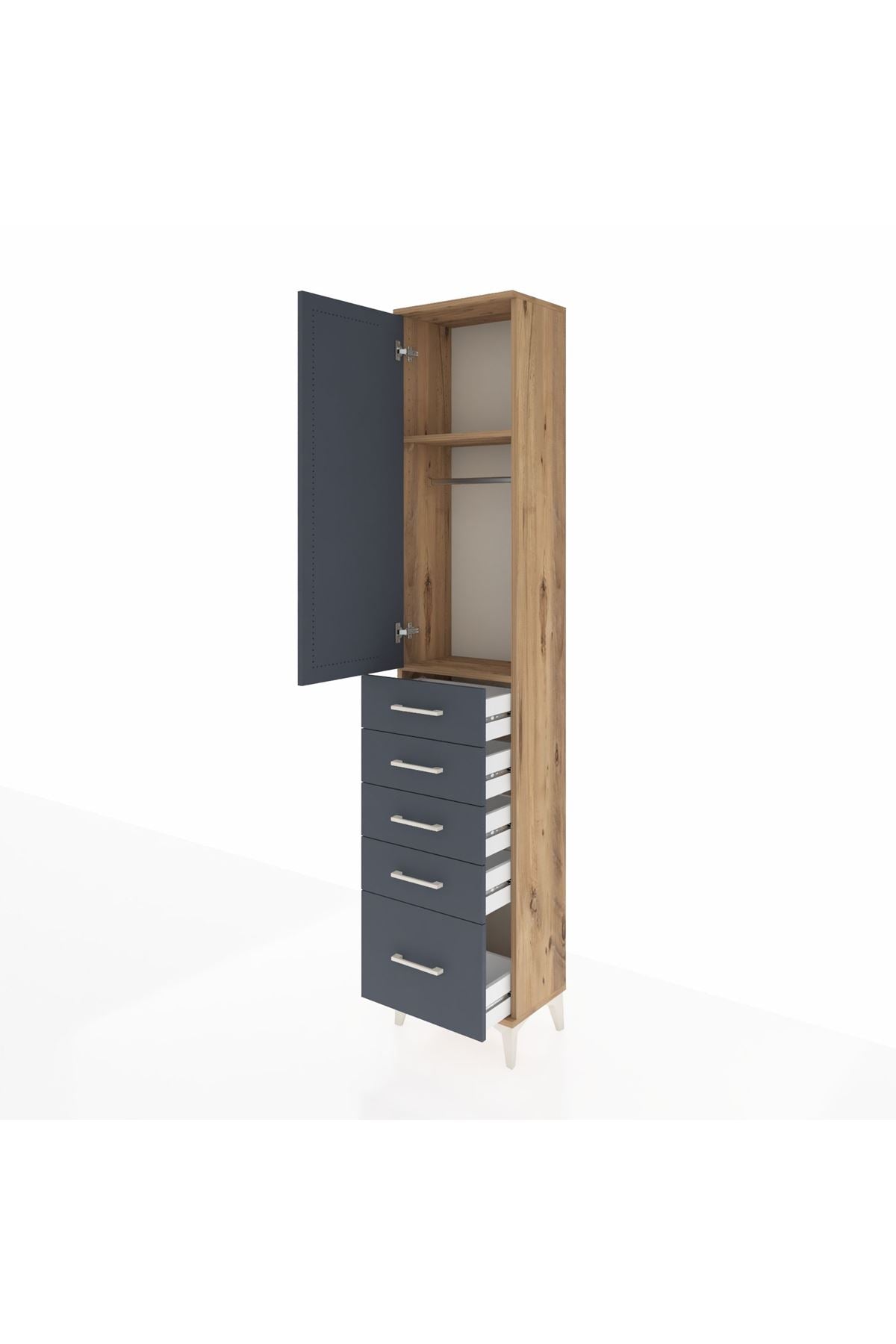 Arges Dolap 2 Raflı 5 Çekmeceli Tek Askılı 44x30x221 Çam-Antrasit