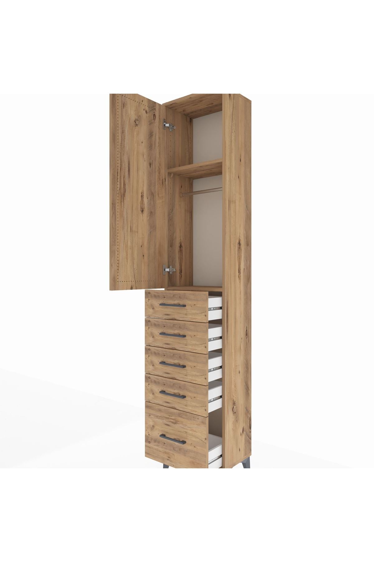 Arges Dolap 2 Raflı 5 Çekmeceli Tek Askılı 44x30x221 Çam-Çam