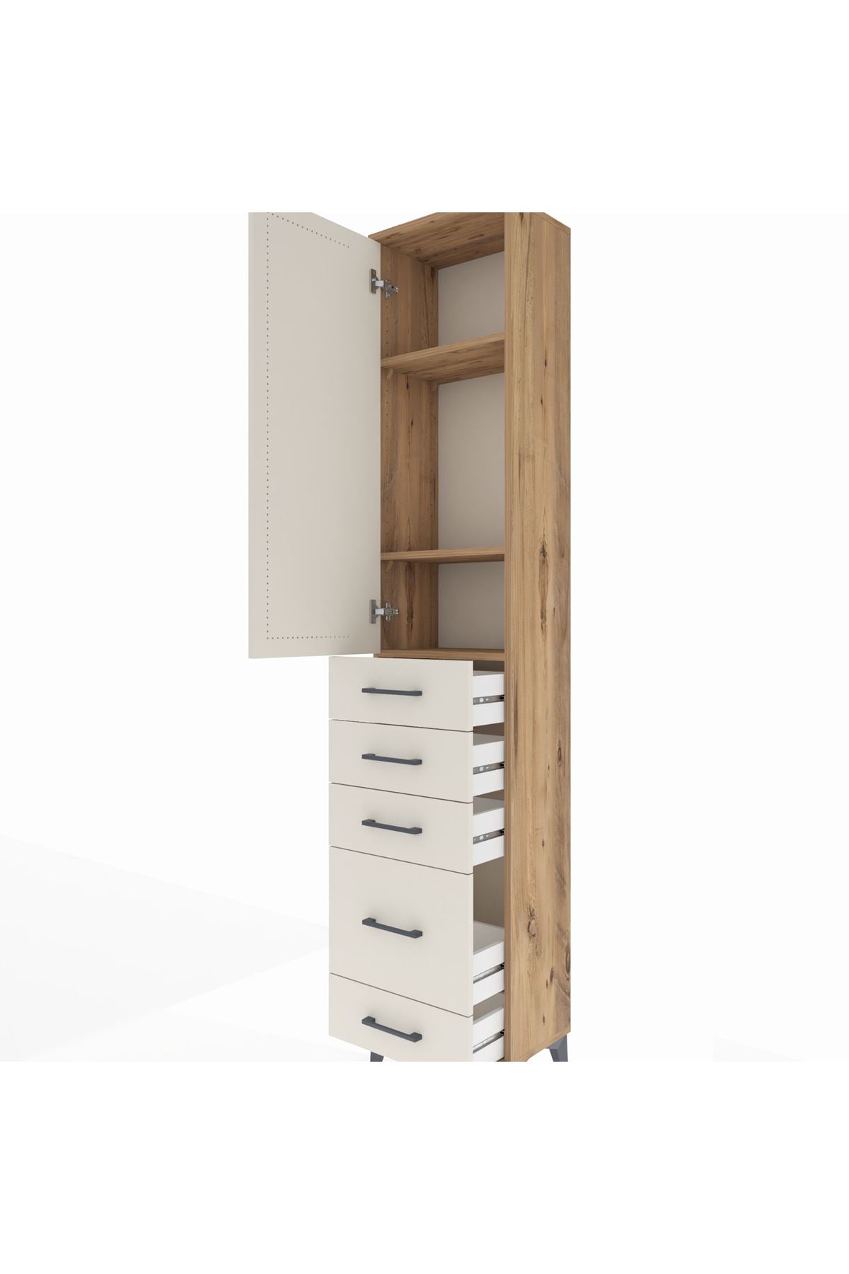 Arges Dolap 3 Raflı 5 Çekmeceli Tek Kapaklı 44x30x221 Çam-Aytaşı