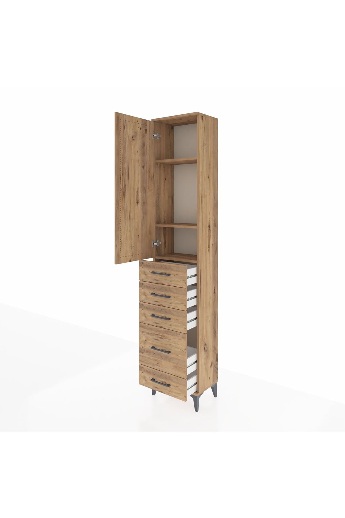 Arges Dolap 3 Raflı 5 Çekmeceli Tek Kapaklı 44x30x221 Çam-Çam