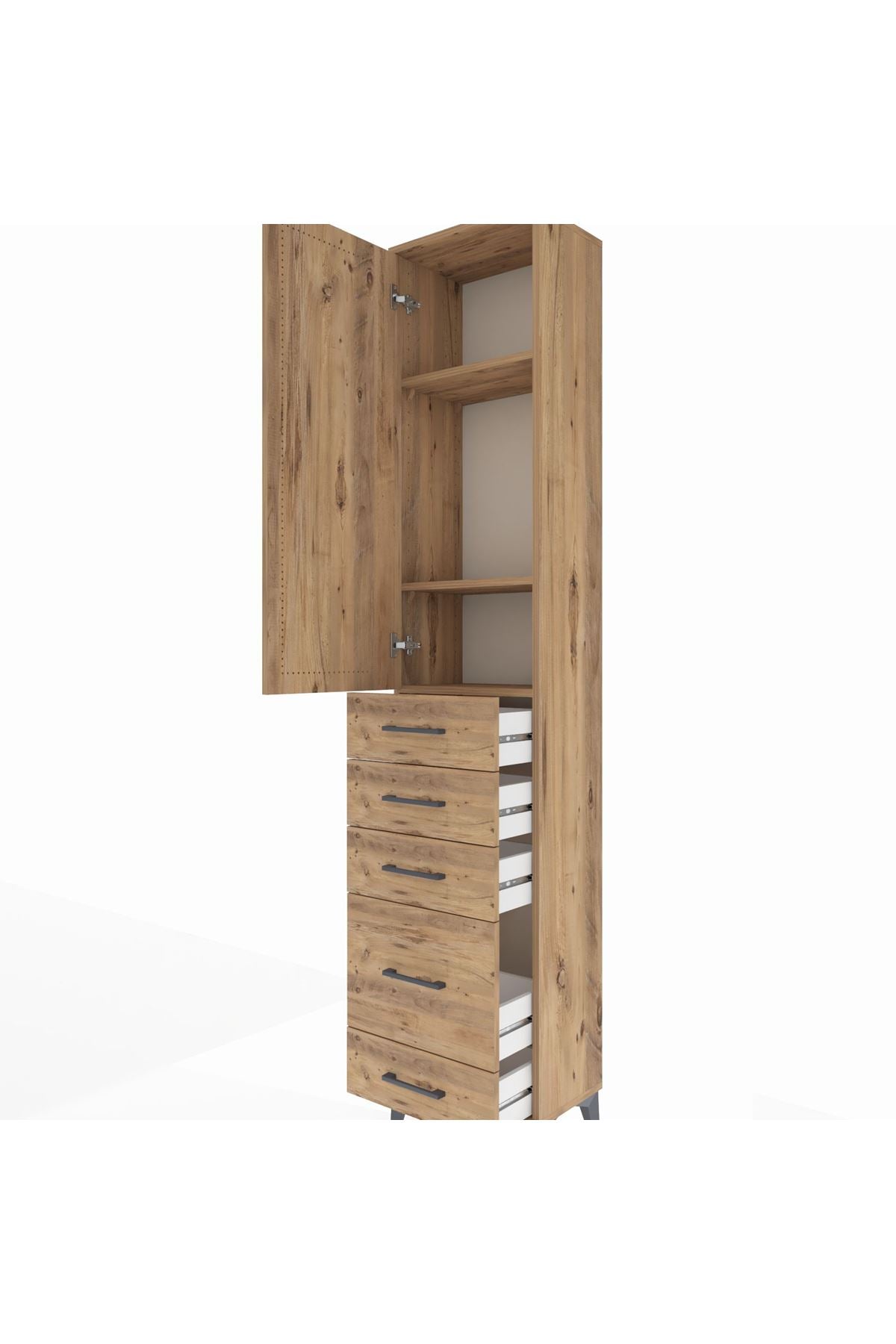 Arges Dolap 3 Raflı 5 Çekmeceli Tek Kapaklı 44x30x221 Çam-Çam