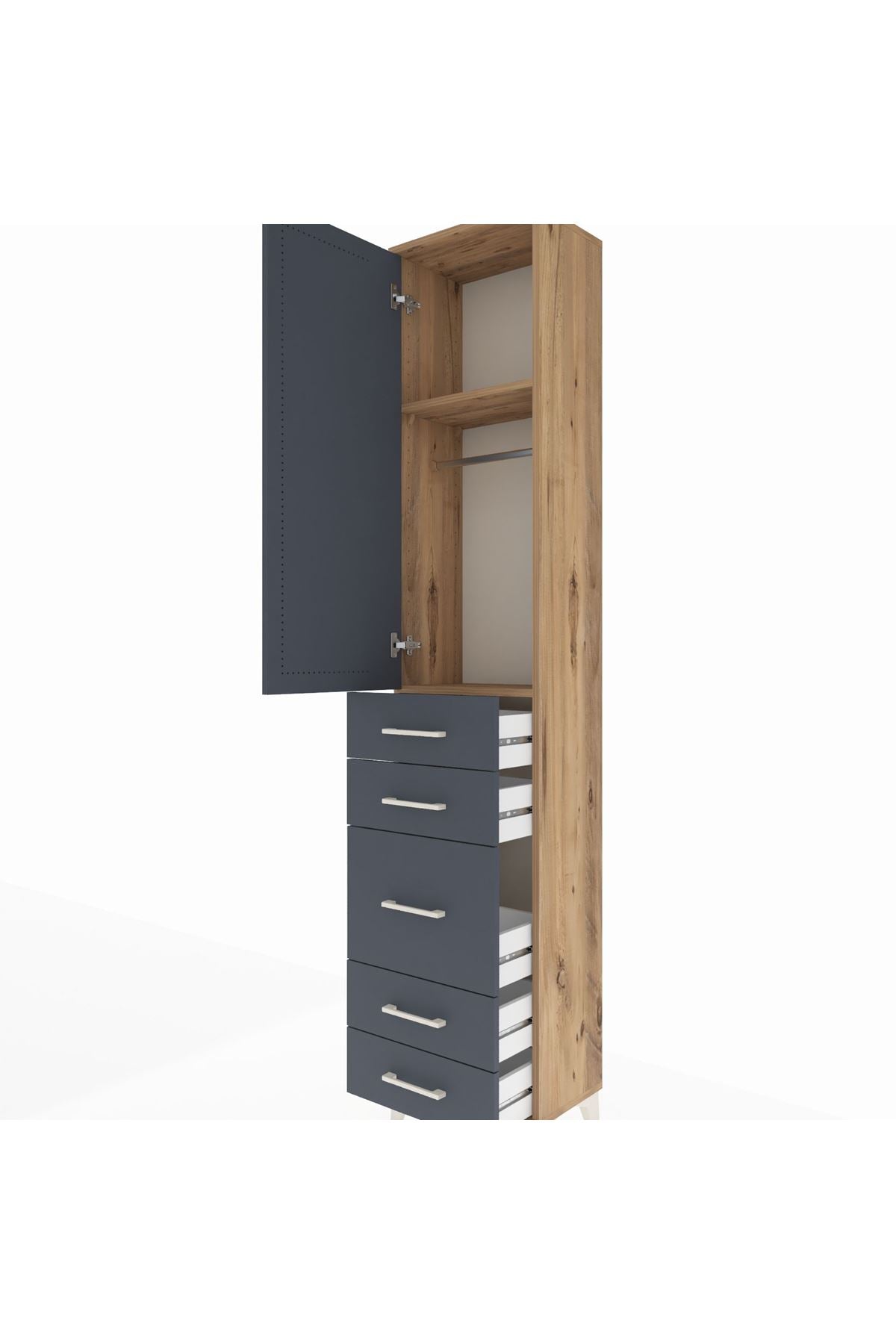 Arges Dolap 2 Raflı 5 Çekmeceli Tek Askılı 44x30x221 Çam-Antrasit