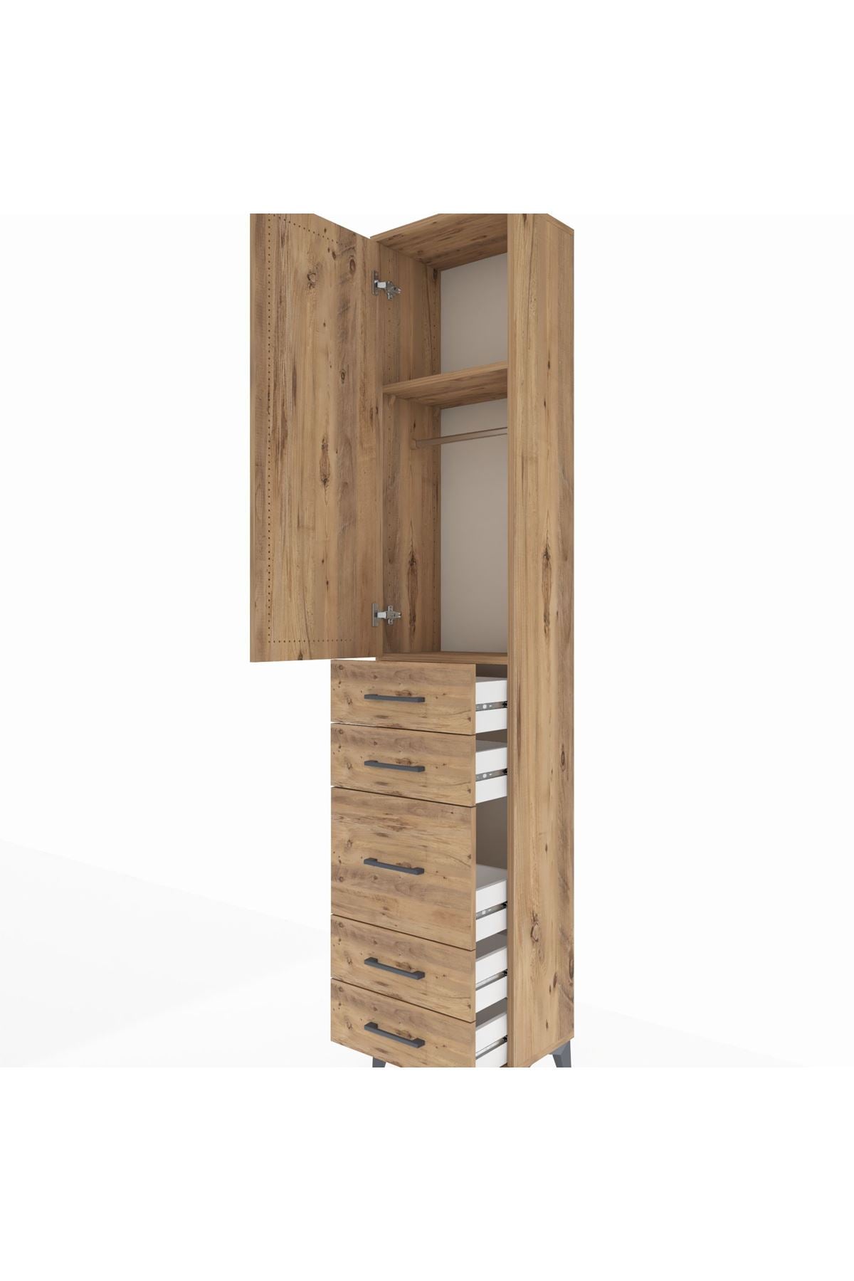 Arges Dolap 2 Raflı 5 Çekmeceli Tek Askılı 44x30x221 Çam-Çam