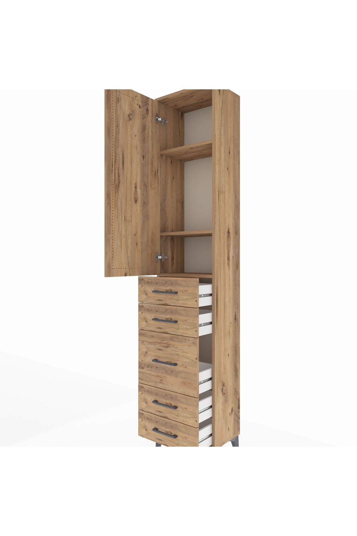 Arges Dolap 3 Raflı 5 Çekmeceli Tek Kapaklı 44x30x221 Çam-Çam