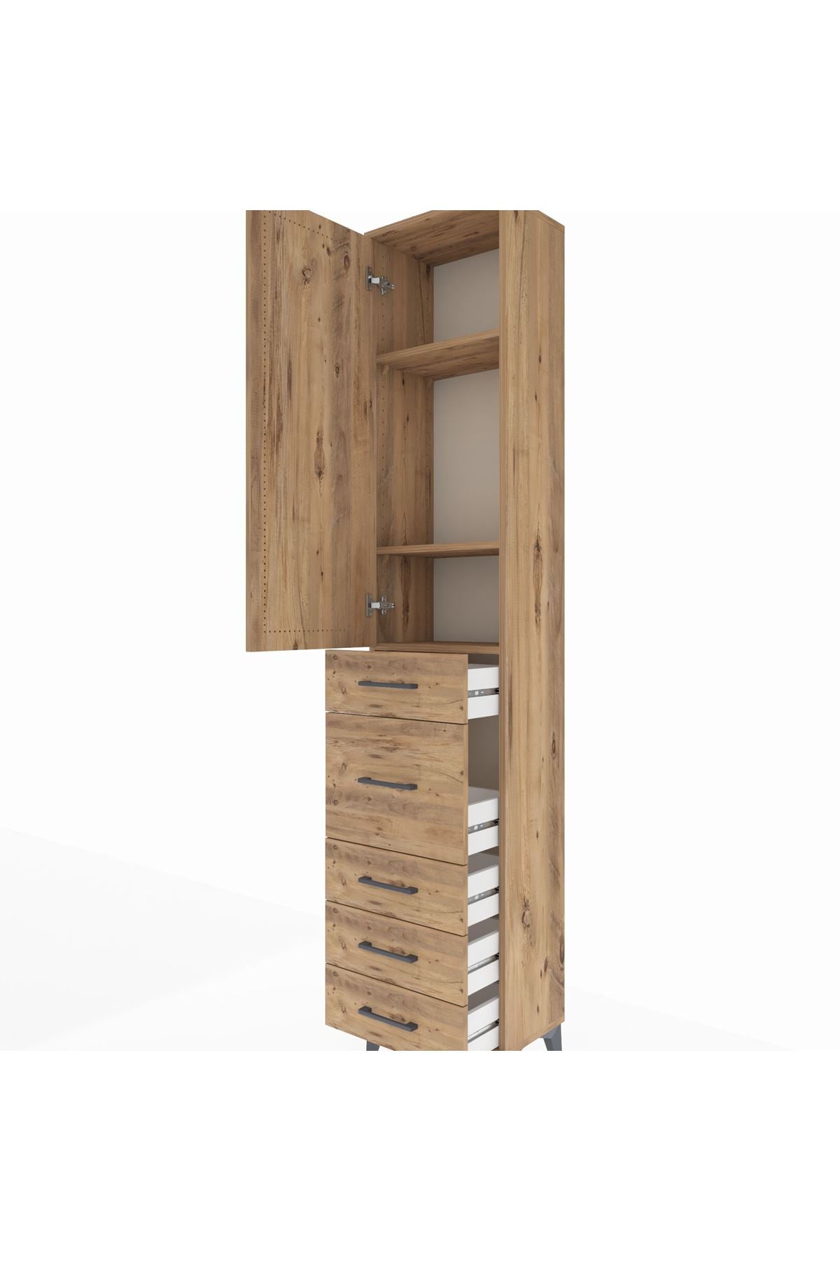 Arges Dolap 3 Raflı 5 Çekmeceli Tek Kapaklı 44x30x221 Çam-Çam