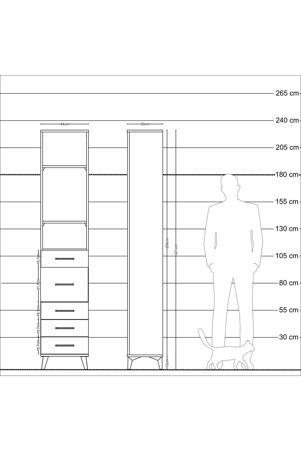 Arges Dolap 3 Raflı 5 Çekmeceli 44x30x221 Çam-Antrasit