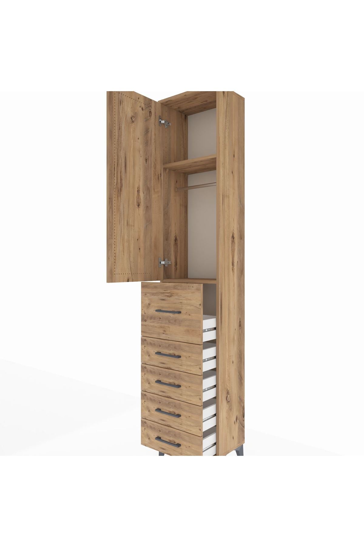 Arges Dolap 2 Raflı 5 Çekmeceli Tek Askılı 44x30x221 Çam-Çam