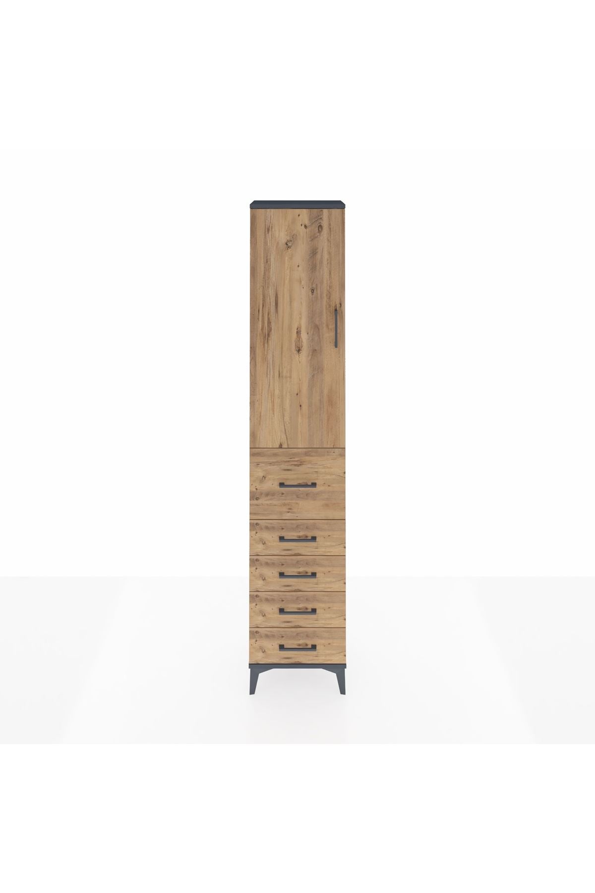 Arges Dolap 3 Raflı 5 Çekmeceli Tek Kapaklı 44x30x221 Antrasit-Çam