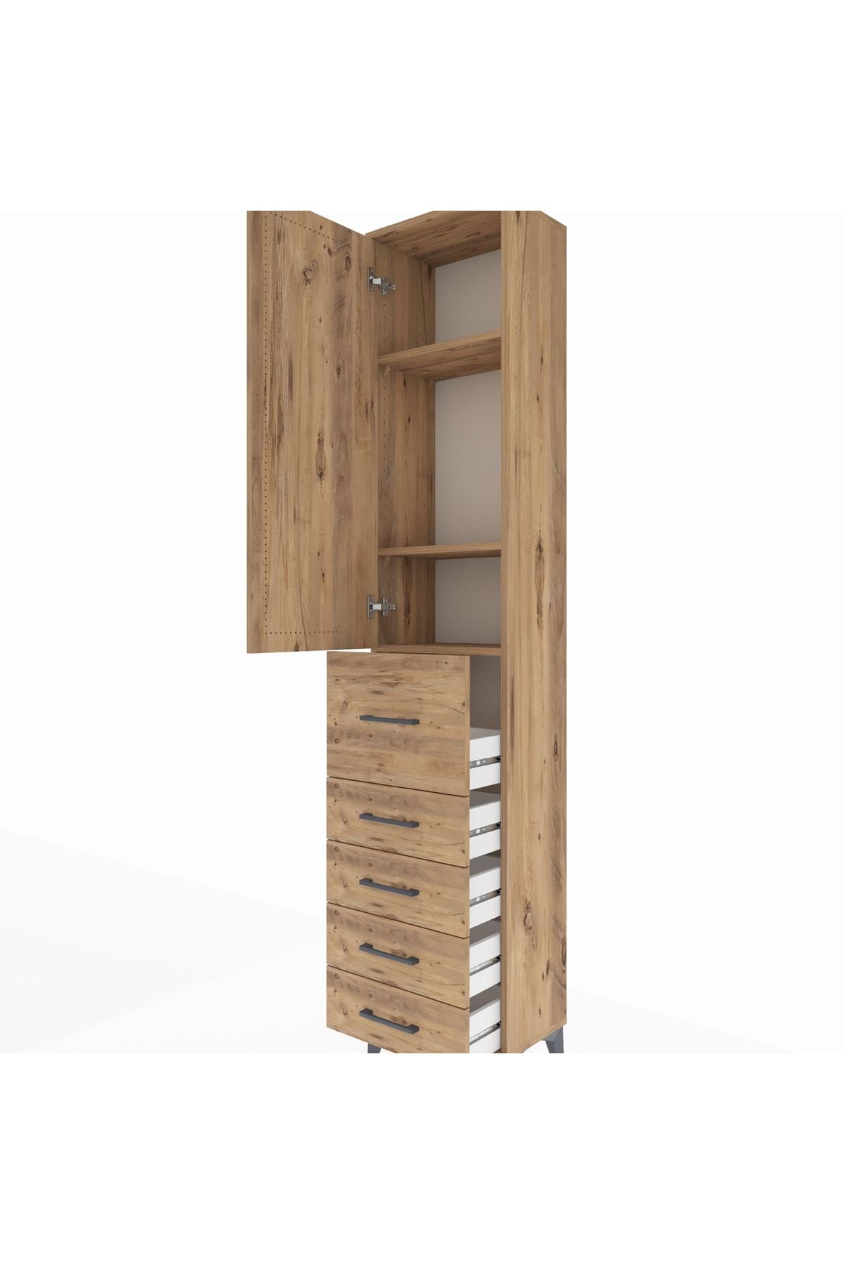 Arges Dolap 3 Raflı 5 Çekmeceli Tek Kapaklı 44x30x221 Çam-Çam