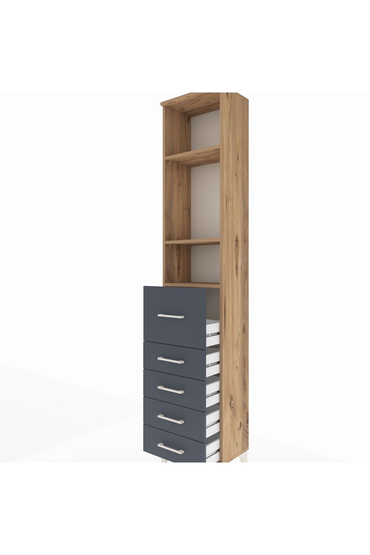 Arges Dolap 3 Raflı 5 Çekmeceli 44x30x221 Çam-Antrasit