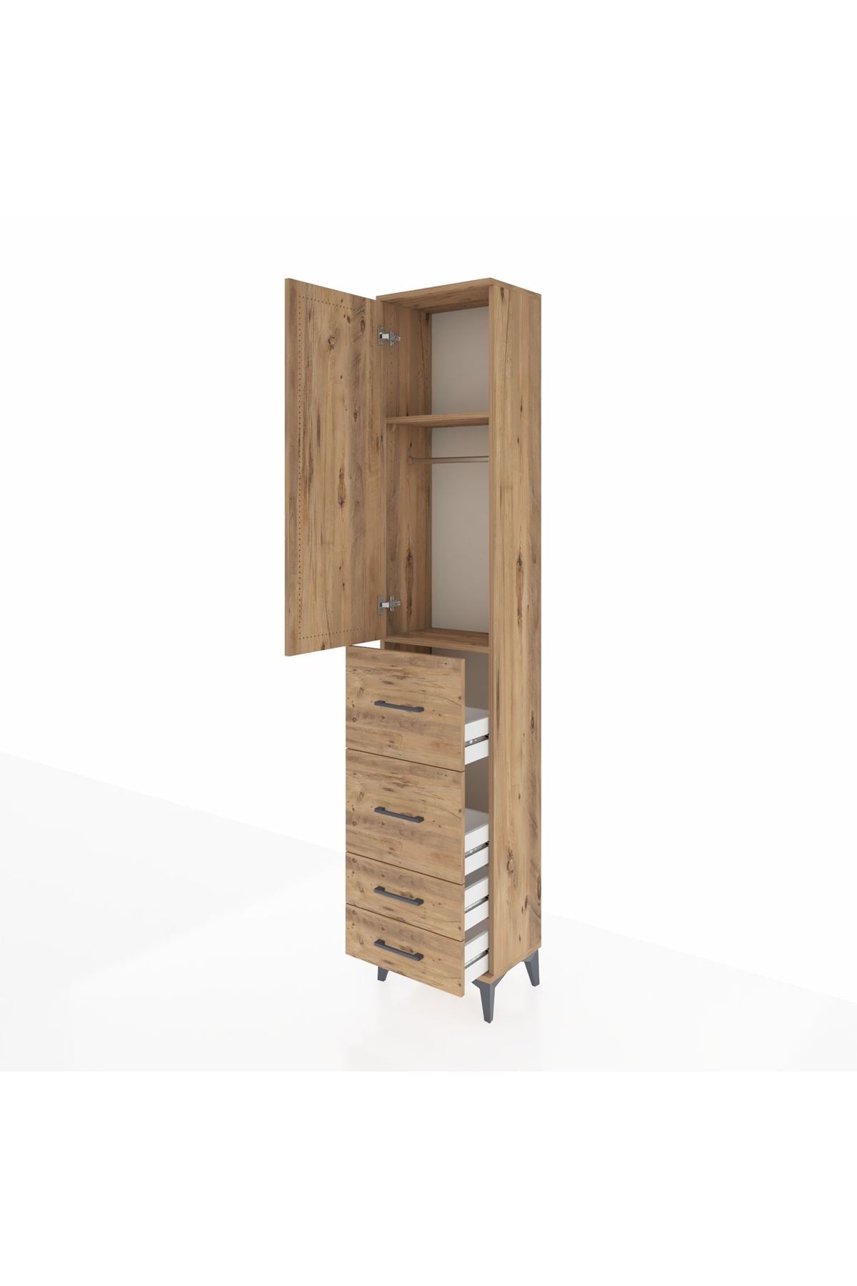 Arges Dolap 2 Raflı 4 Çekmeceli Tek Askılı 44x30x221 Çam-Çam