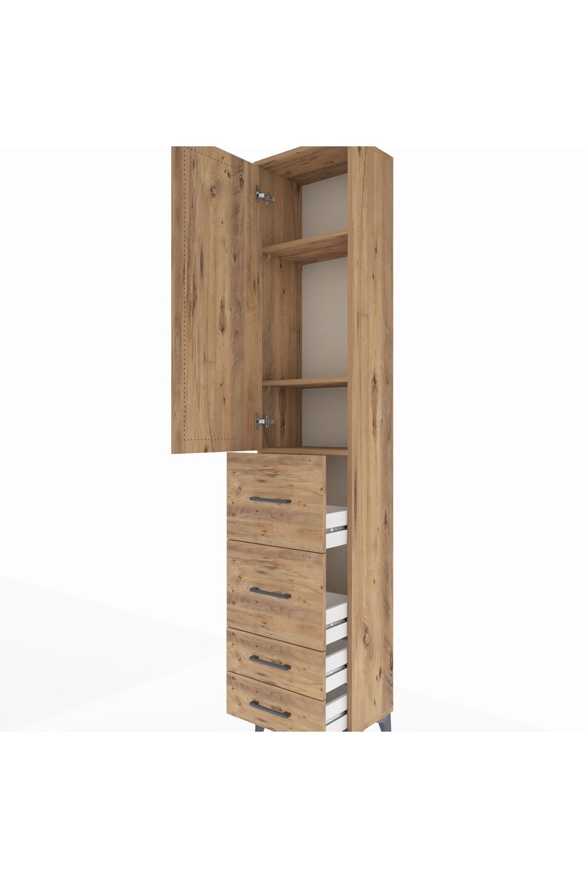 Arges Dolap 3 Raflı 4 Çekmeceli Tek Kapaklı 44x30x221 Çam-Çam