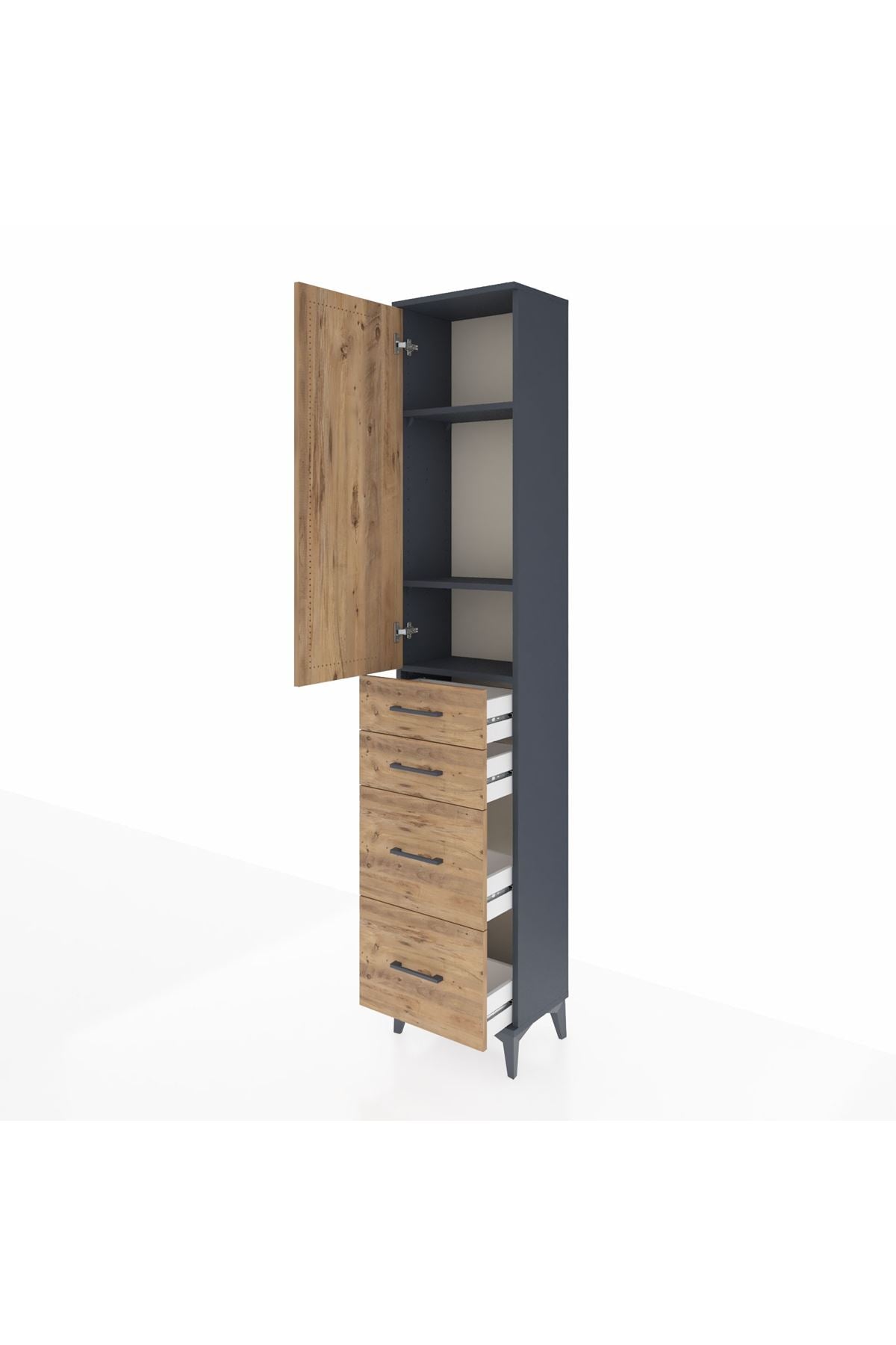 Arges Dolap 3 Raflı 4 Çekmeceli Tek Kapaklı 44x30x221 Antrasit-Çam