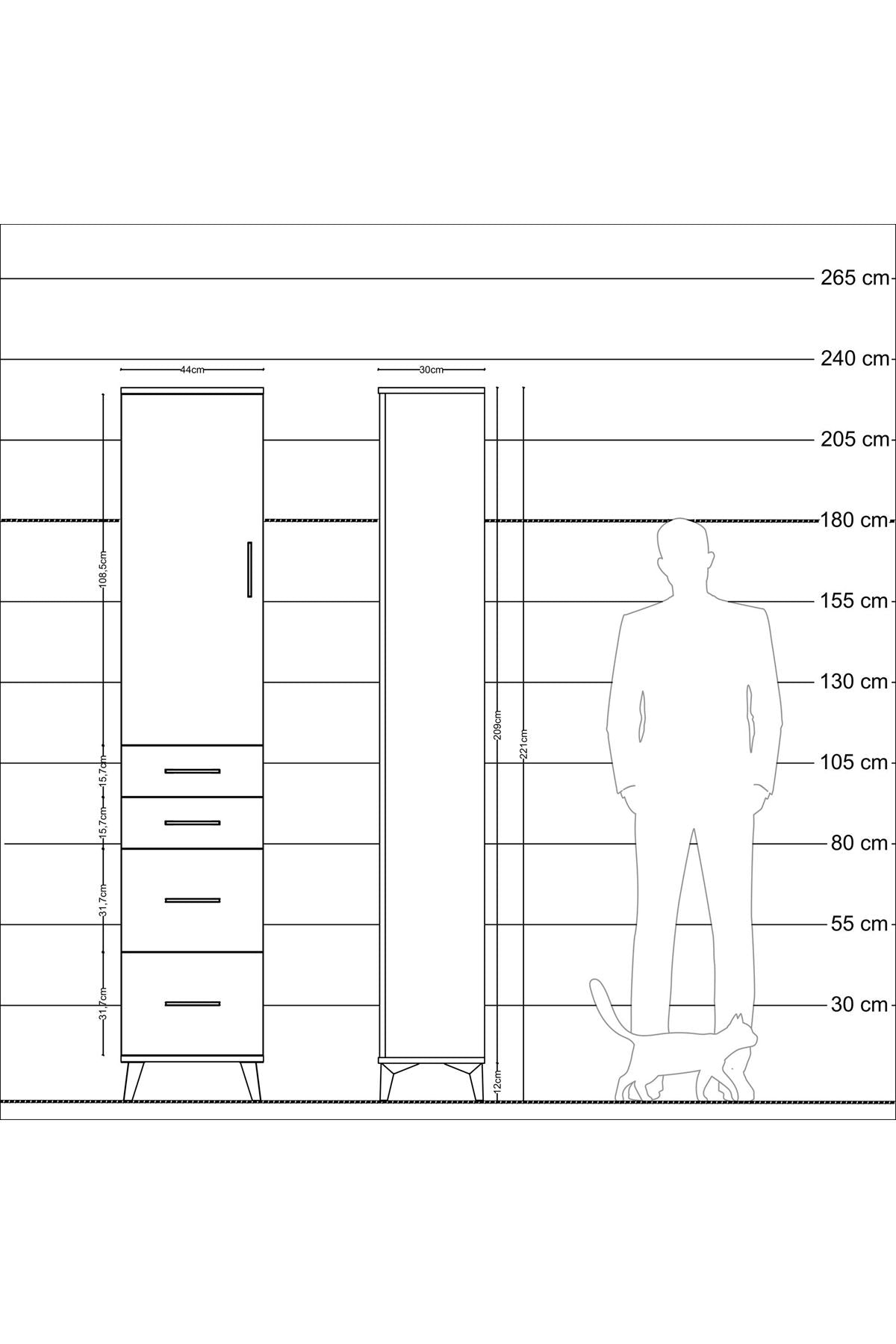 Arges Dolap 3 Raflı 4 Çekmeceli Tek Kapaklı 44x30x221 Antrasit-Çam