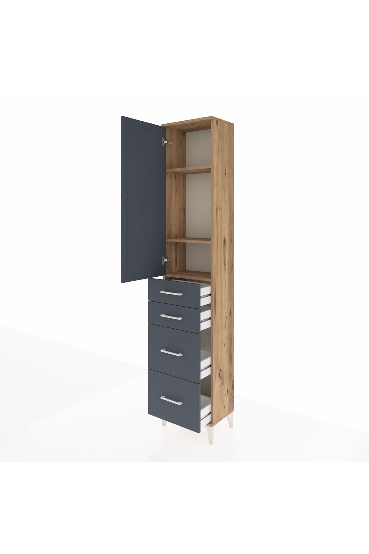 Arges Dolap 3 Raflı 4 Çekmeceli Tek Kapaklı 44x30x221 Çam-Antrasit