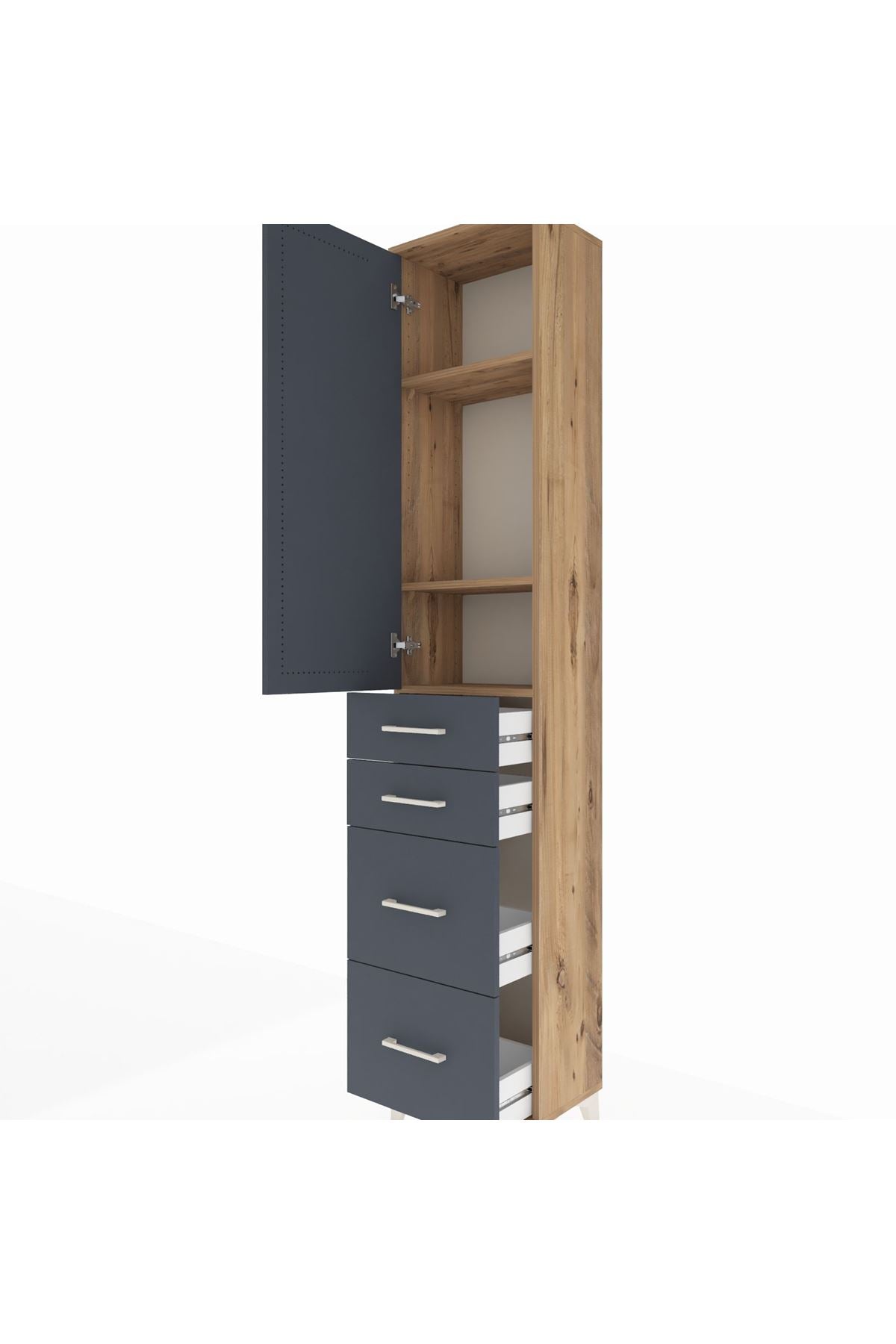 Arges Dolap 3 Raflı 4 Çekmeceli Tek Kapaklı 44x30x221 Çam-Antrasit