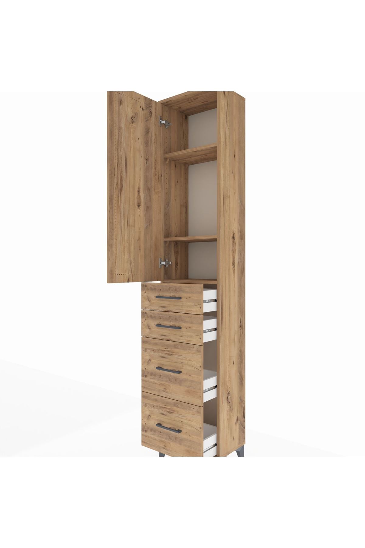 Arges Dolap 3 Raflı 4 Çekmeceli Tek Kapaklı 44x30x221 Çam-Çam