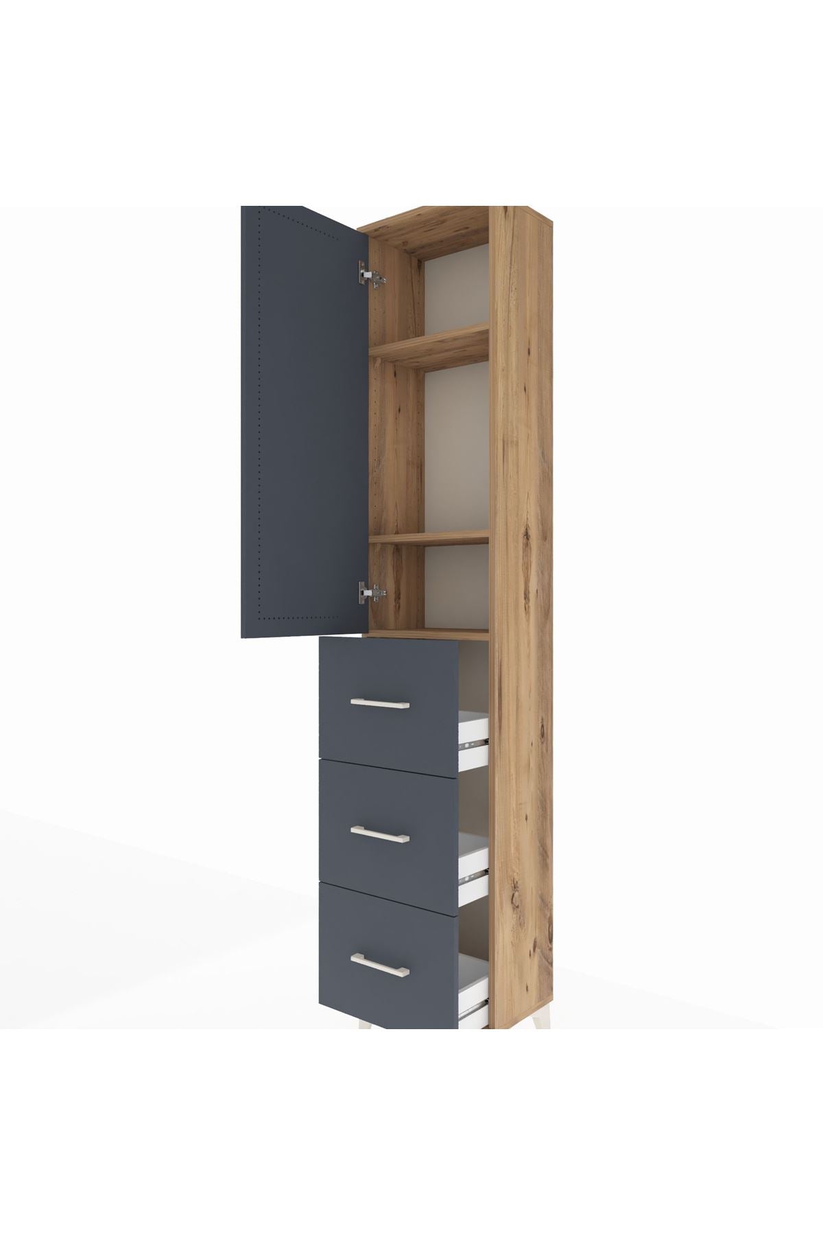 Arges Dolap 3 Raflı 3 Çekmeceli Tek Kapaklı 44x30x221 Çam-Antrasit