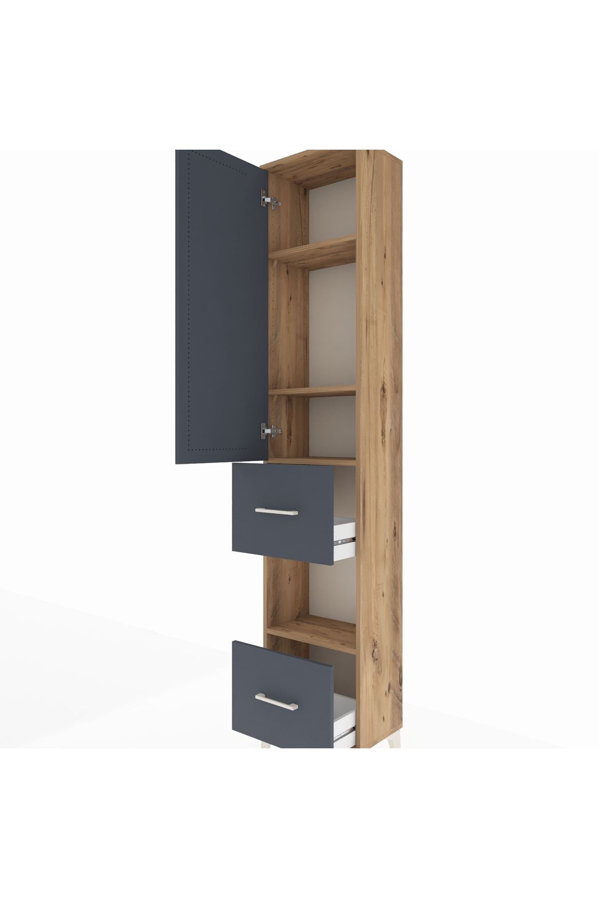 Arges Dolap 4 Raflı 2 Çekmeceli Tek Kapaklı 44x30x221 Çam-Antrasit