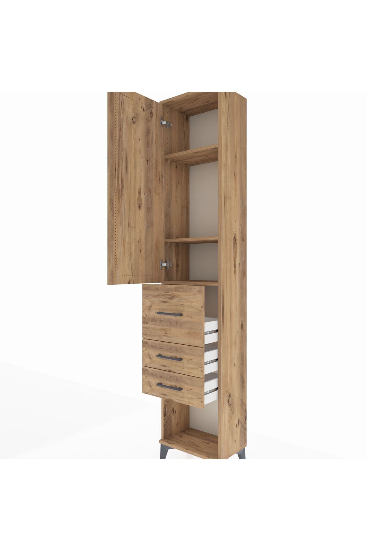 Arges Dolap 3 Raflı 3 Çekmeceli Tek Kapaklı 44x30x221 Çam-Çam