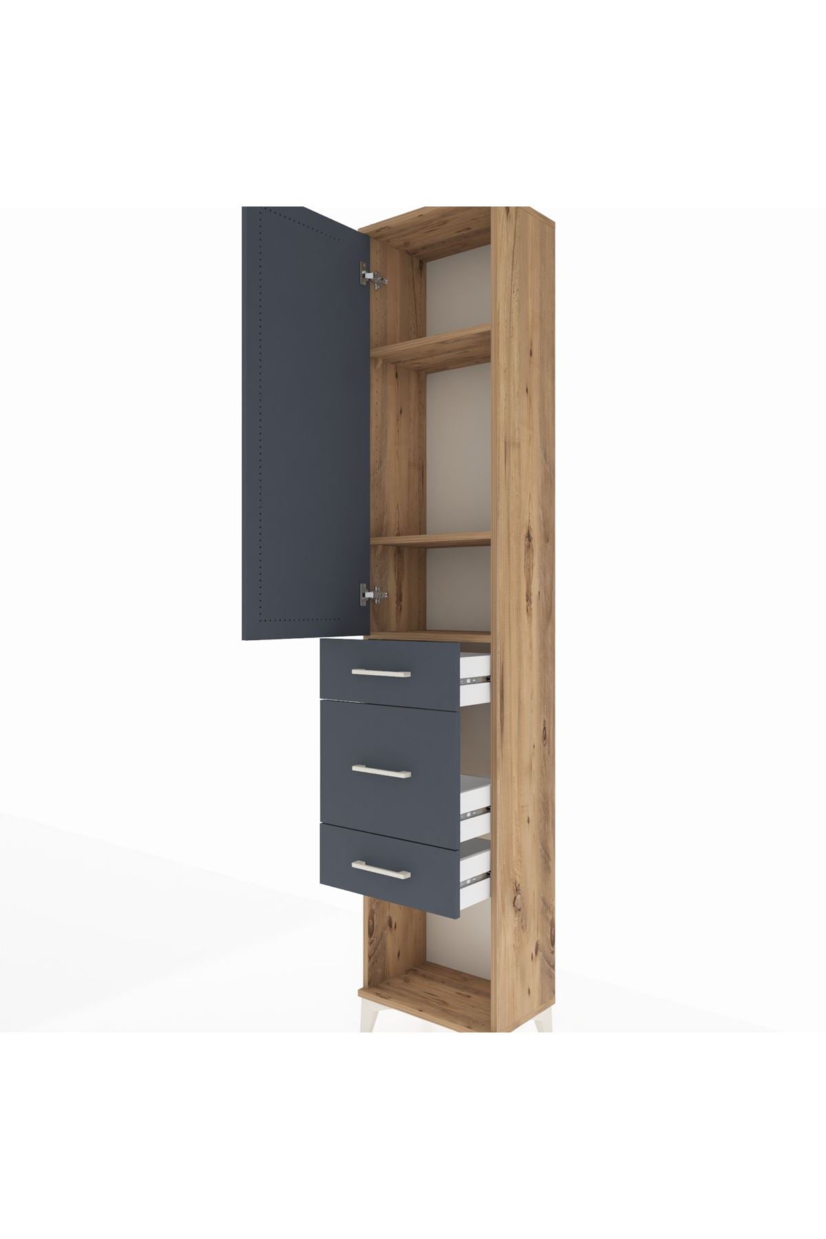 Arges Dolap 3 Raflı 3 Çekmeceli Tek Kapaklı 44x30x221 Çam-Antrasit