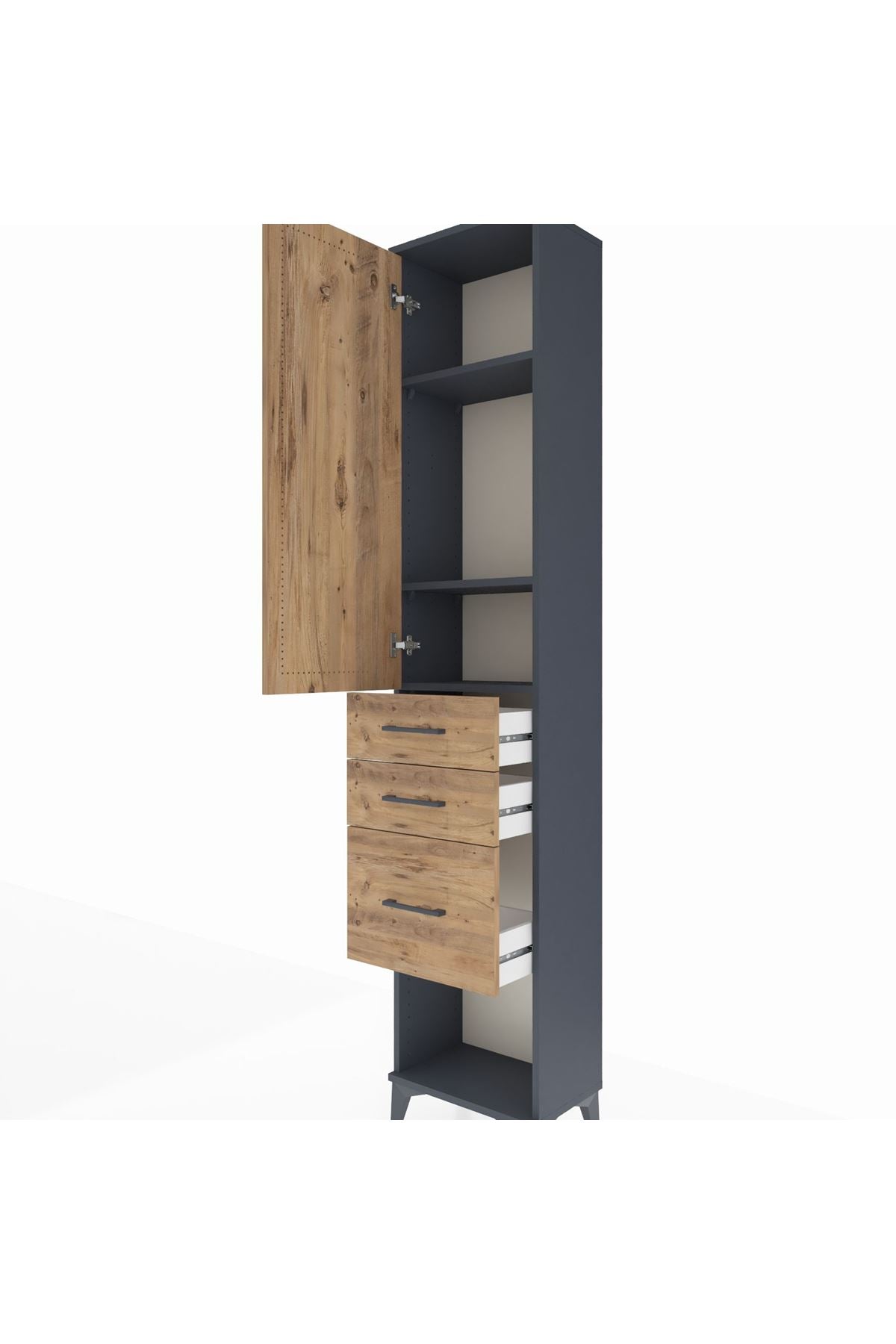 Arges Dolap 3 Raflı 3 Çekmeceli Tek Kapaklı 44x30x221 Antrasit-Çam